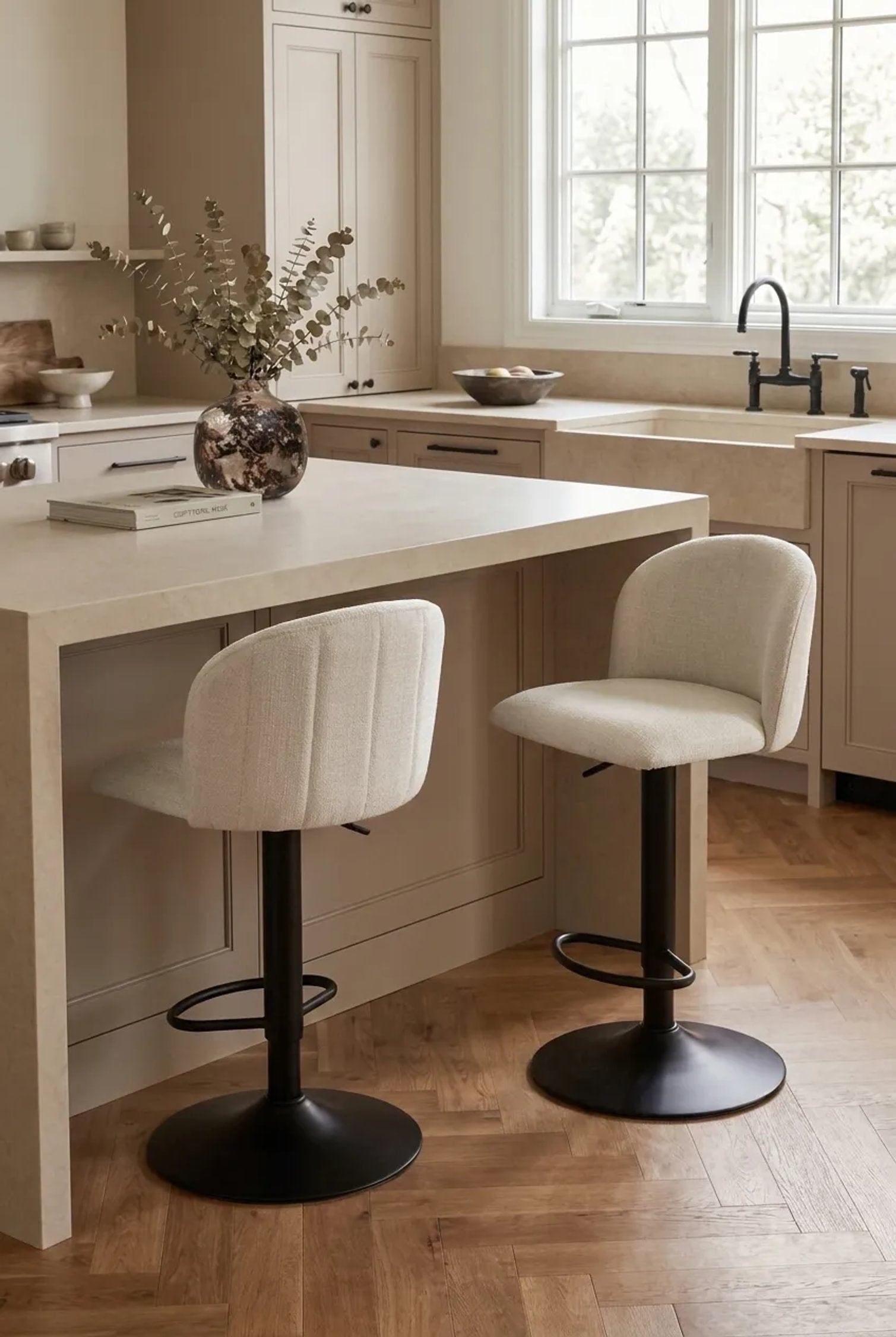 Set of 2 Henley Beige Chenille Curved Bar Stools