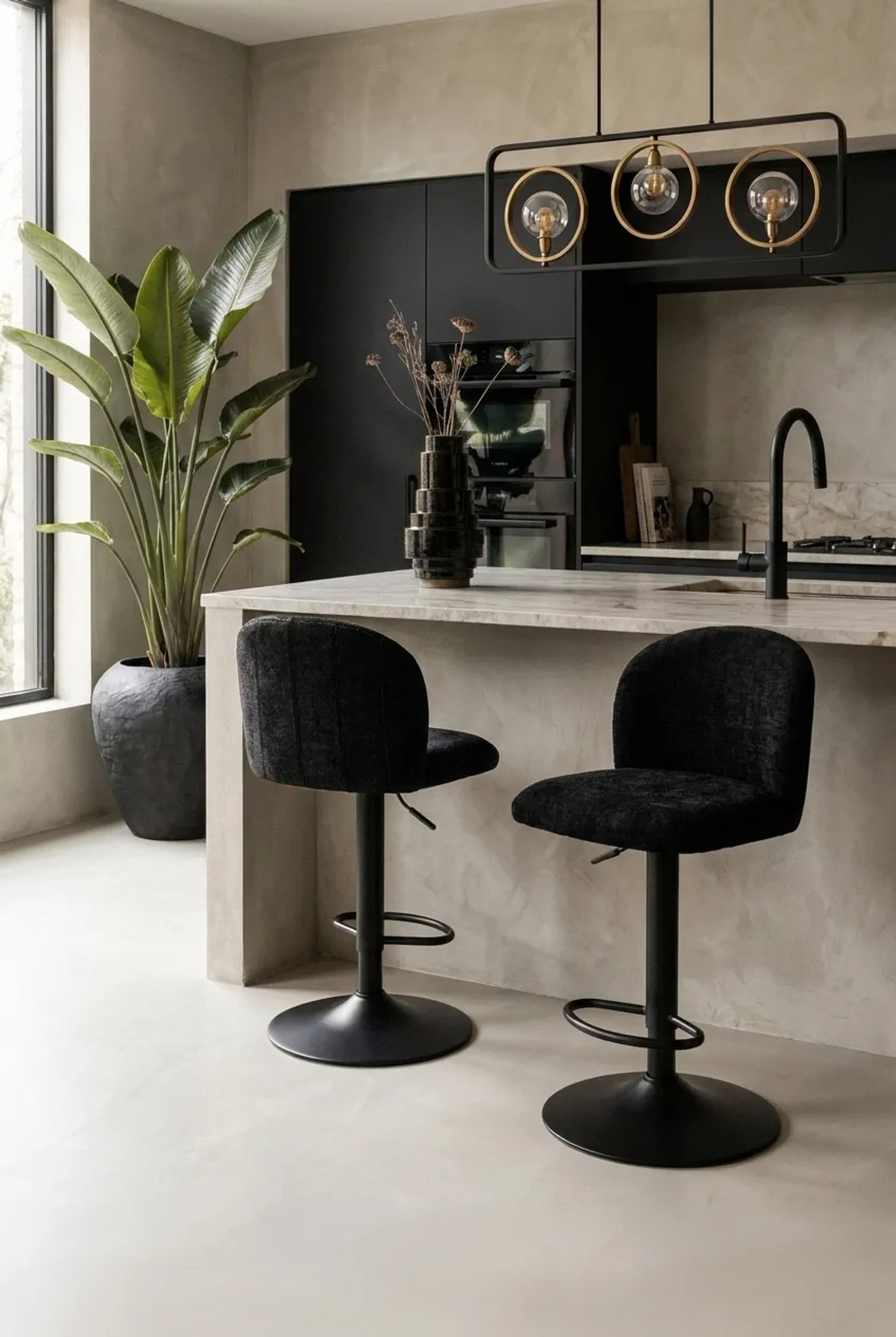 Set of 2 Henley Black Chenille Curved Bar Stools