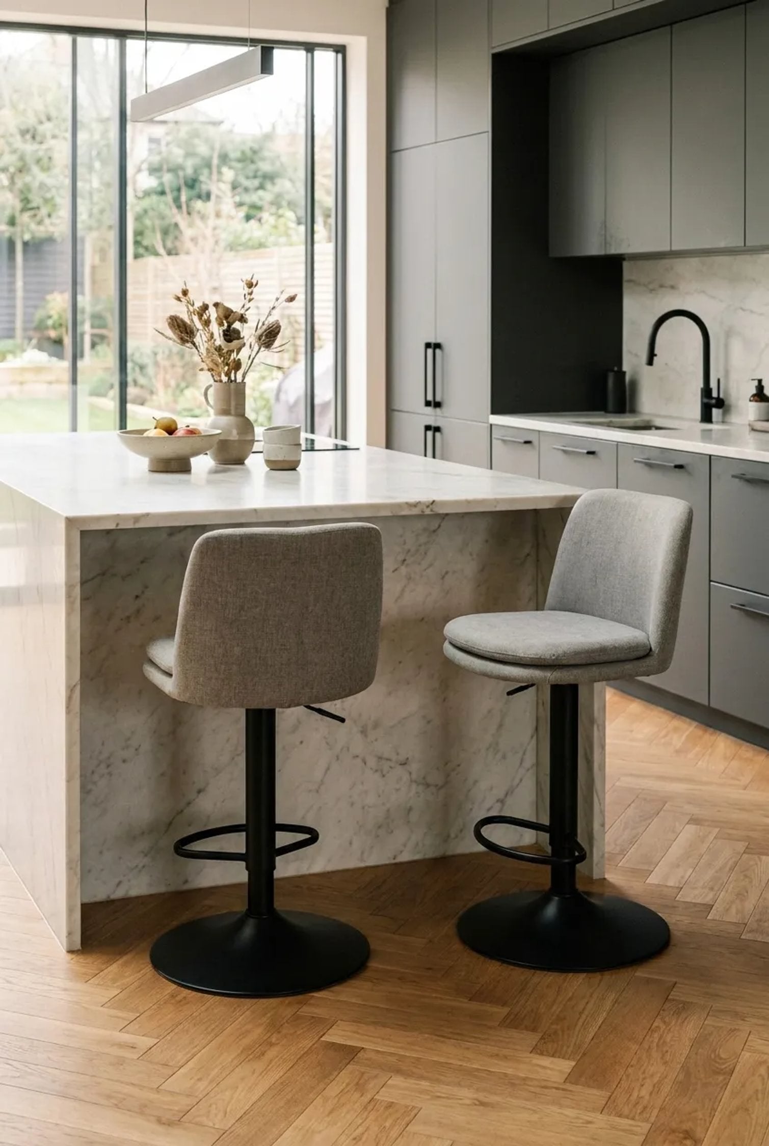Set of 2 Henley Light Grey Chenille Cushioned Bar Stools