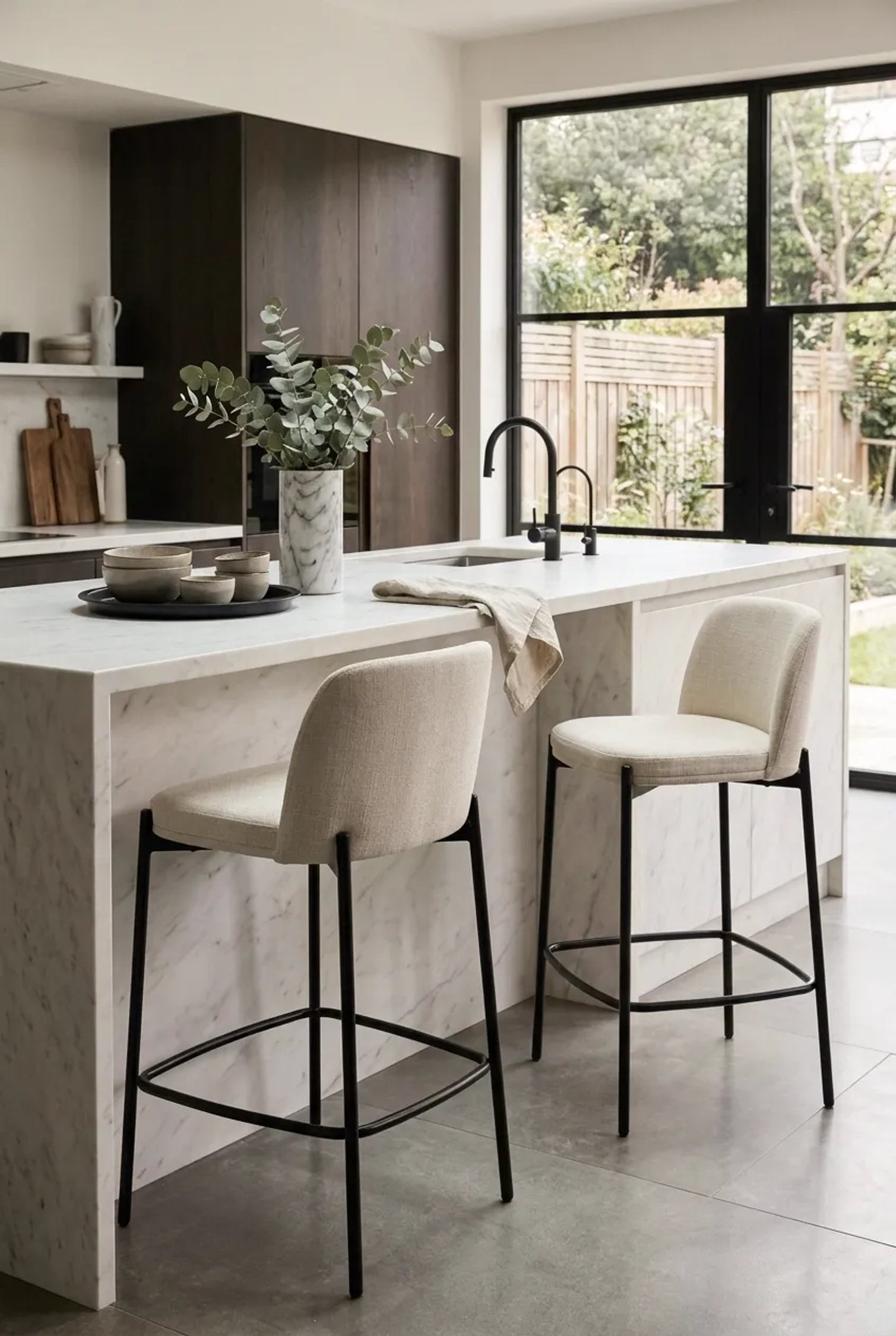 Set of 2 Henley Beige Chenille Black Leg Bar Stools