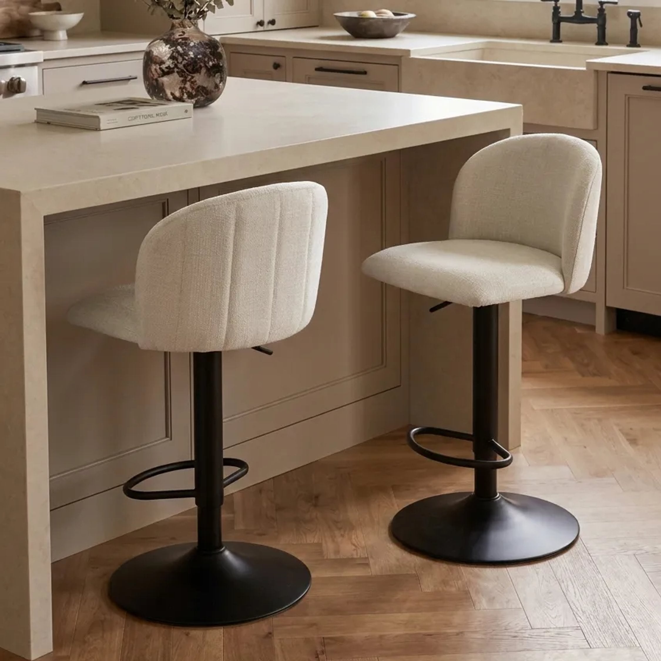 Set of 2 Henley Beige Chenille Curved Bar Stools