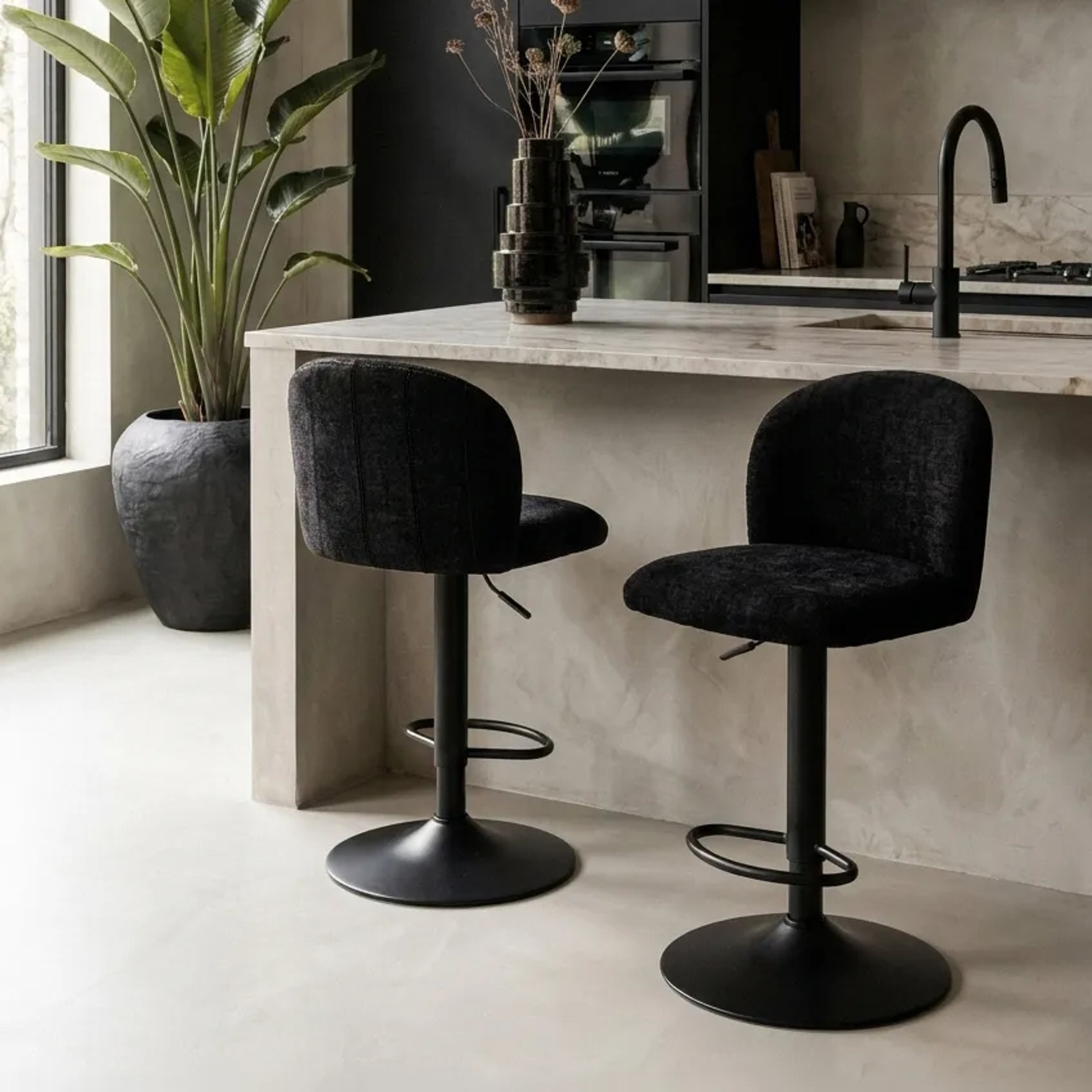 Set of 2 Henley Black Chenille Curved Bar Stools