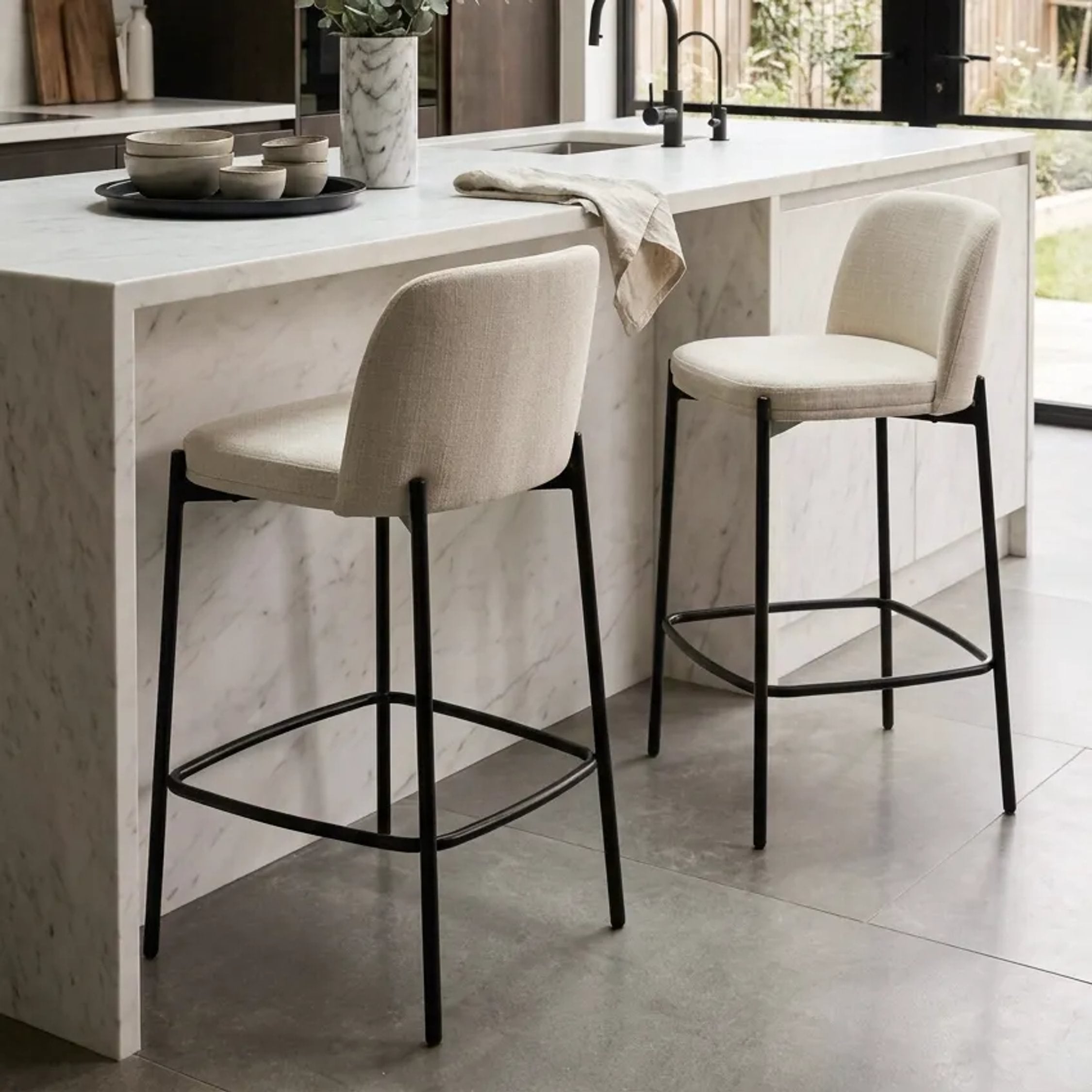 Set of 2 Henley Beige Chenille Black Leg Bar Stools