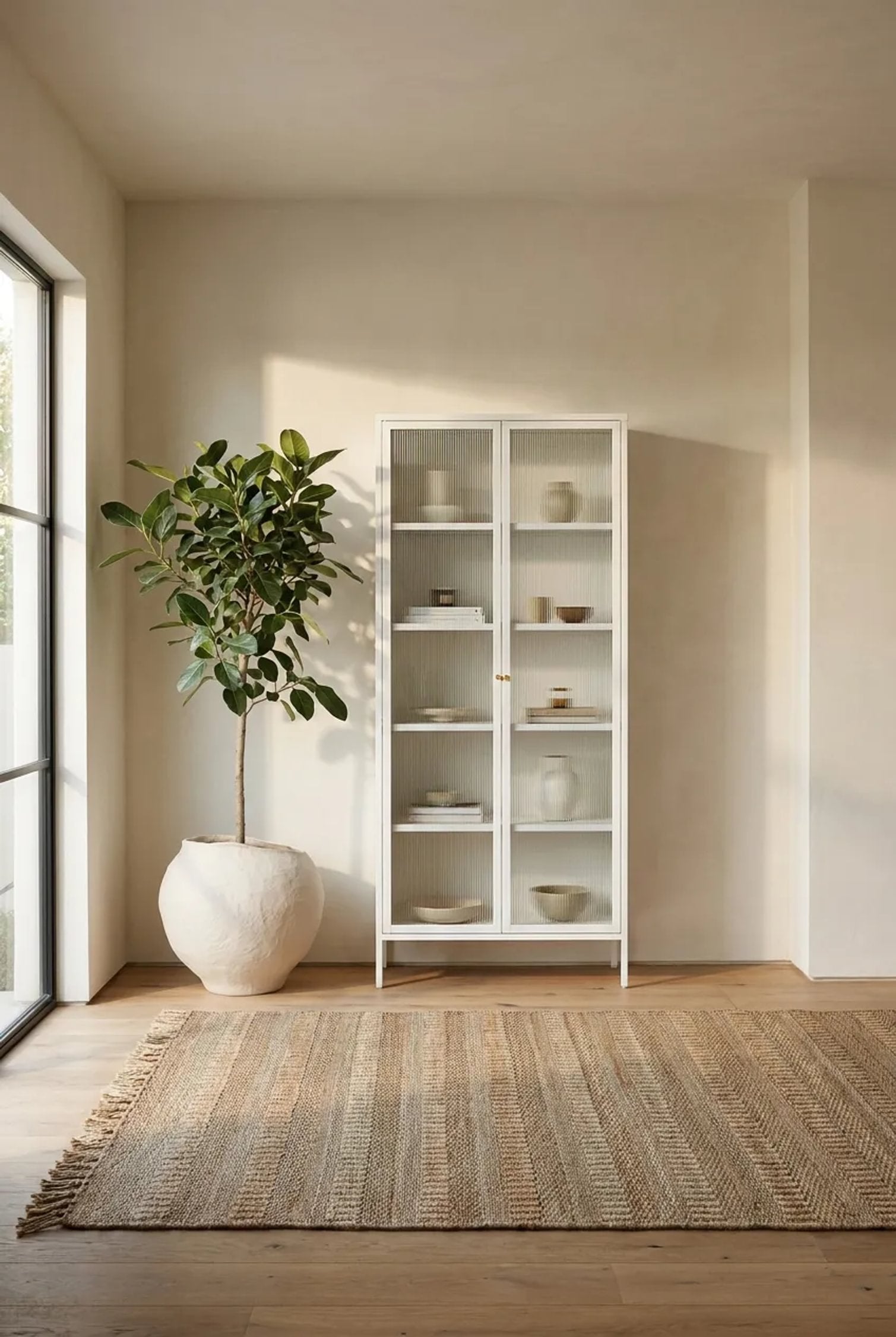 Clerkenwell Warm White Metal Fluted Glass Door Tall Cabinet