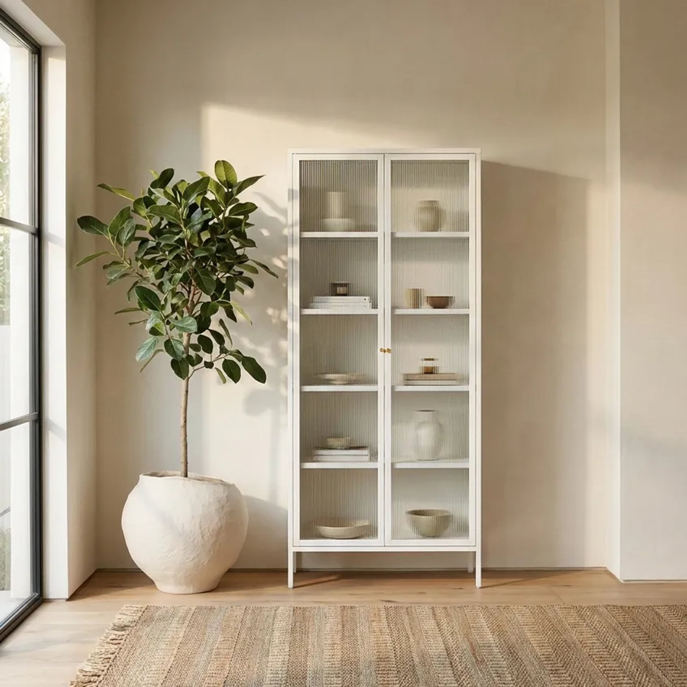 Clerkenwell Warm White Metal Fluted Glass Door Tall Cabinet