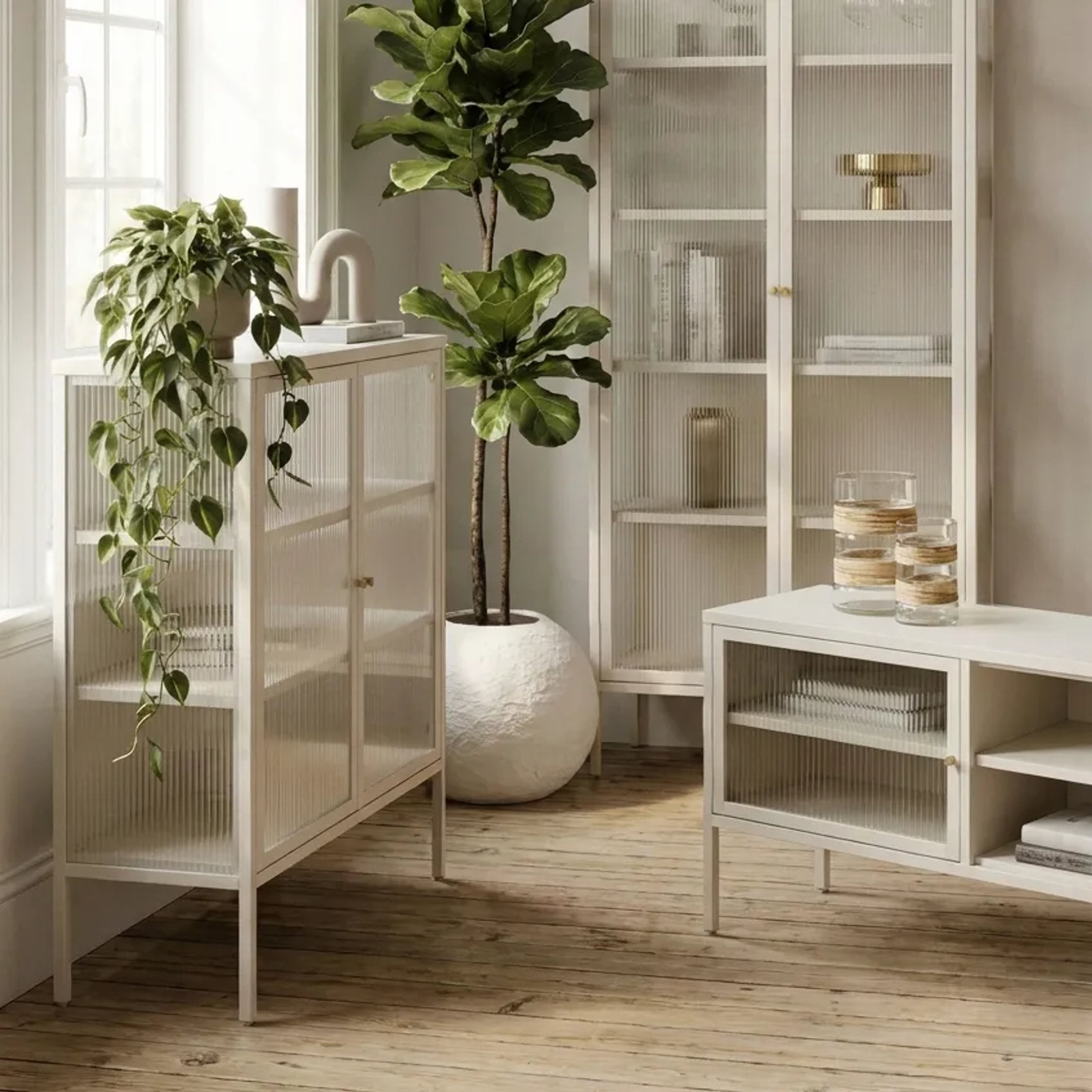 Clerkenwell Warm White Metal Fluted Glass Door Tall Cabinet