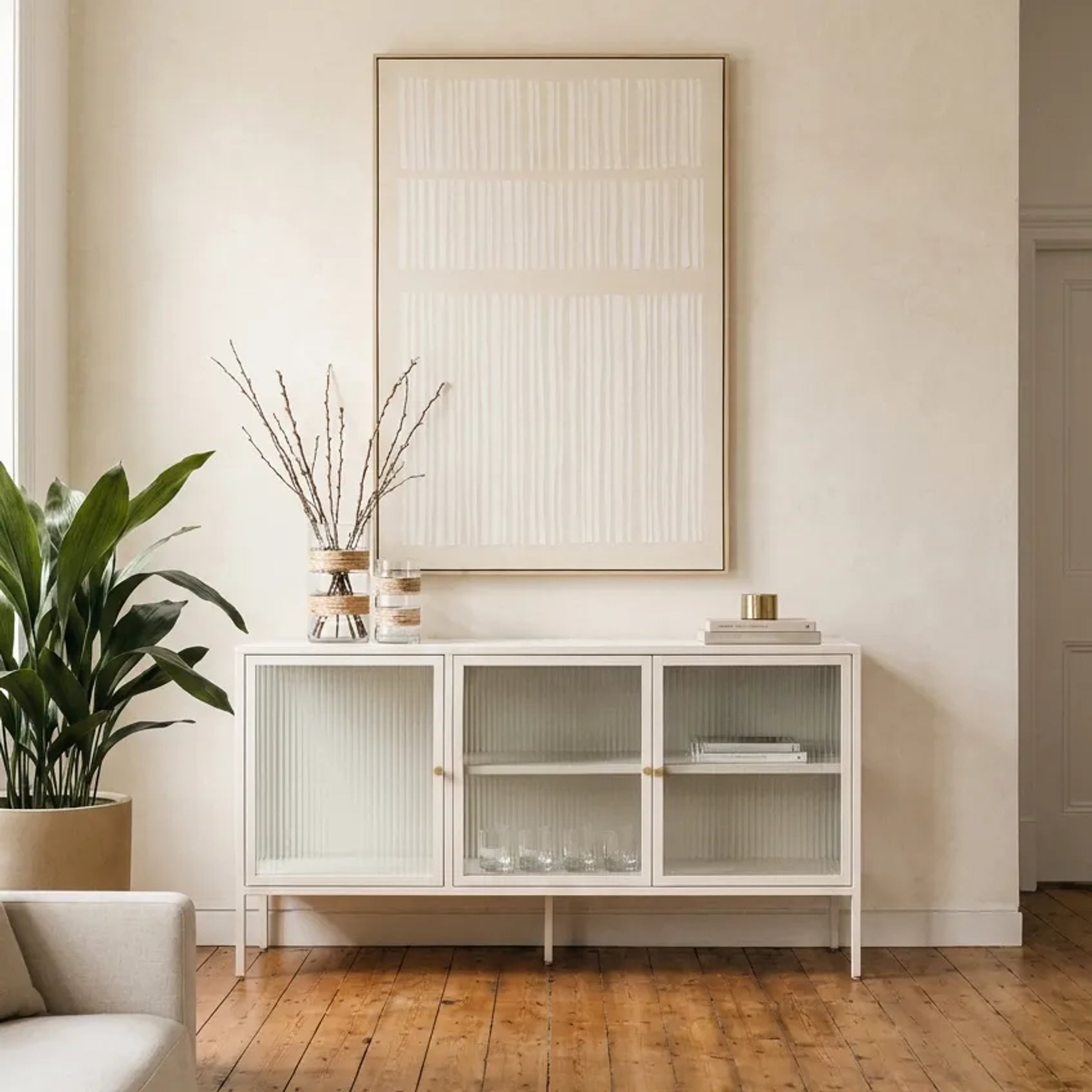 Clerkenwell Warm White Metal Fluted Glass Door Sideboard