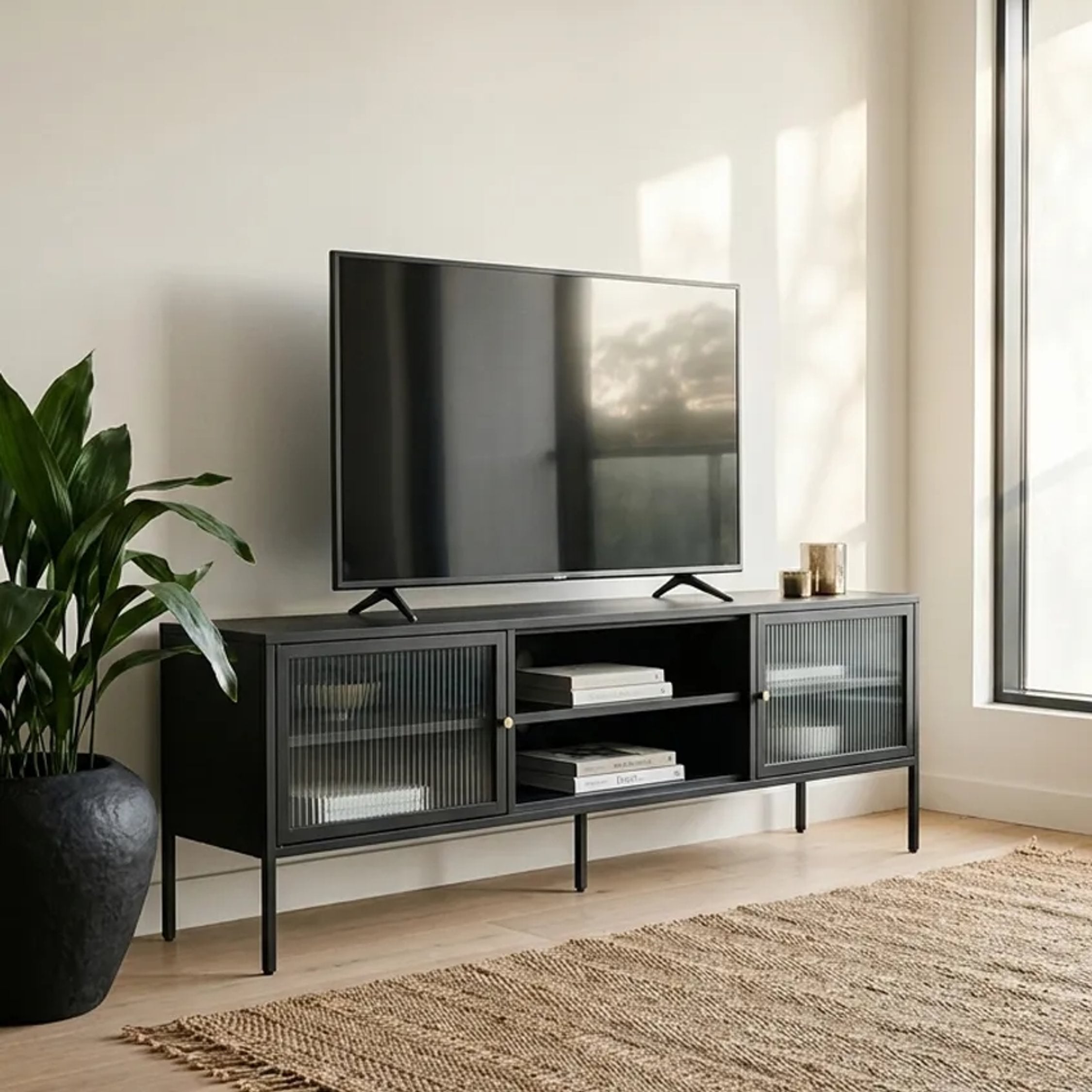 Clerkenwell Black Metal & Fluted Glass TV Unit