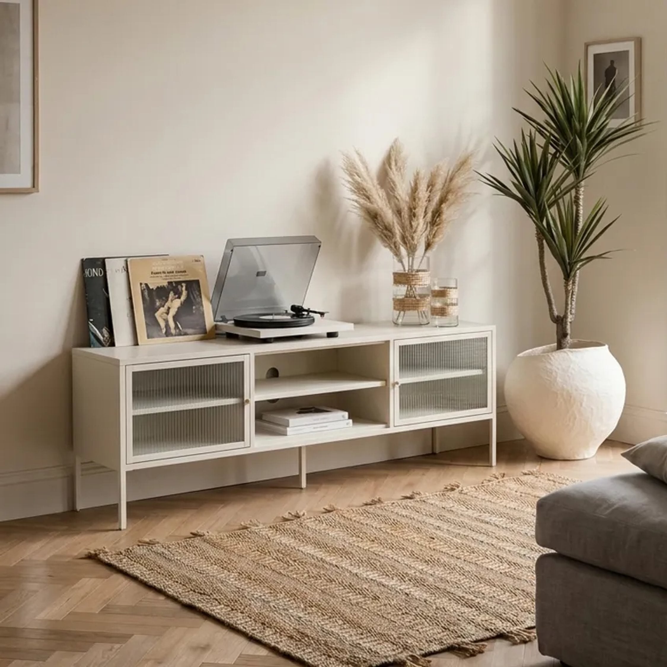 Clerkenwell Warm White Metal & Fluted Glass TV Unit