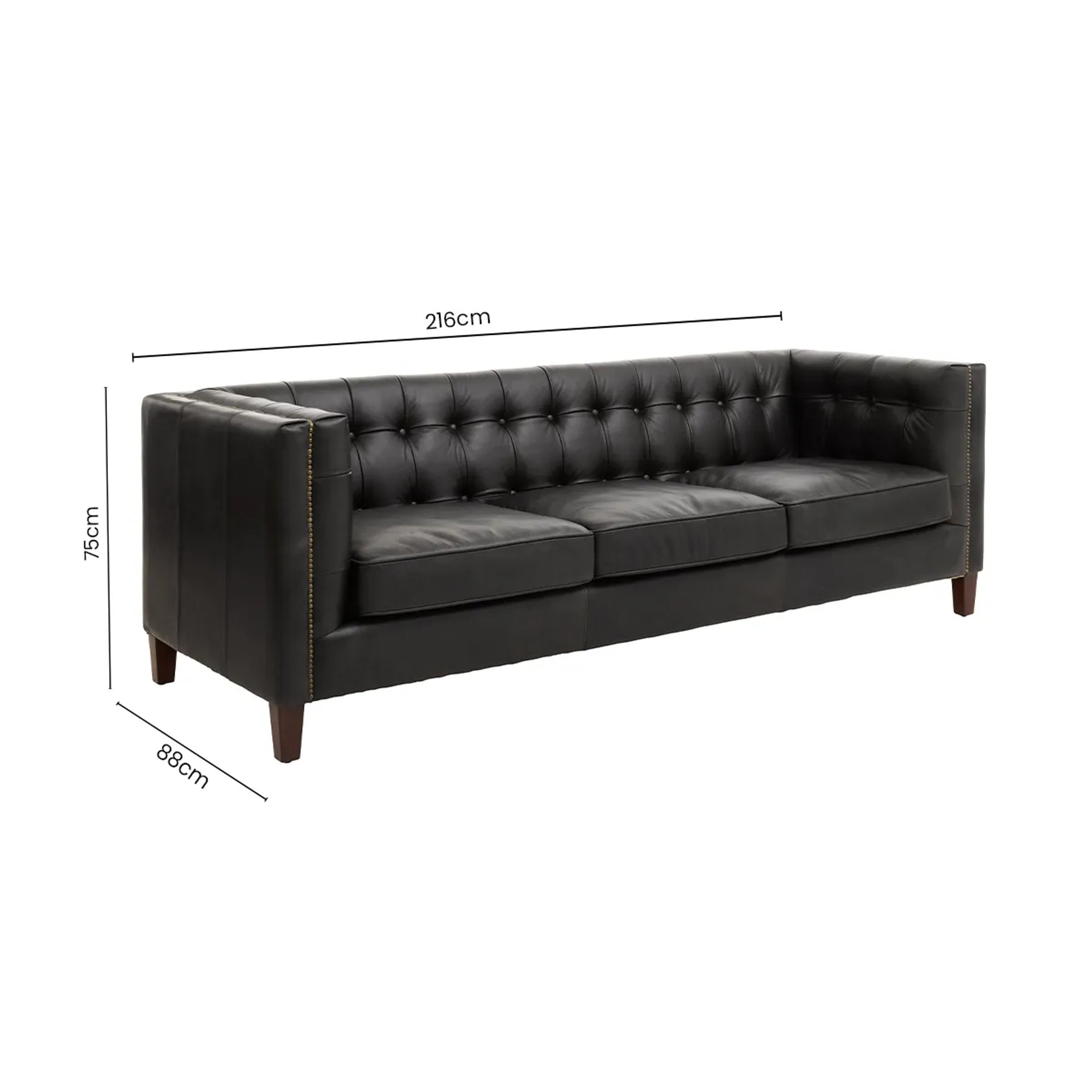 Burlington Black Leather 3 Seater Modern Chesterfield Sofa