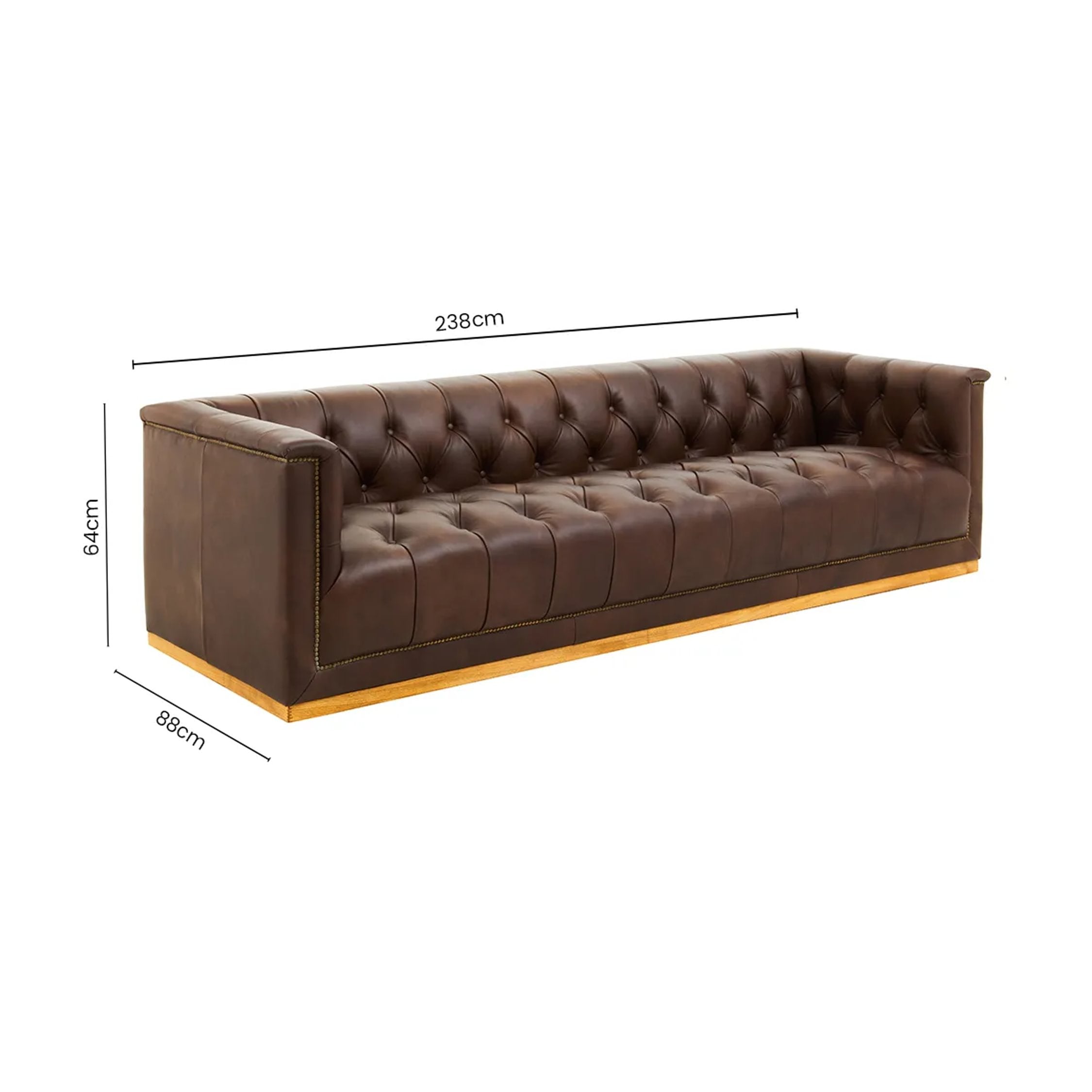 Burlington Dark Brown Leather 3 Seater Modern Chesterfield Sofa 238 x 88 x 64cm