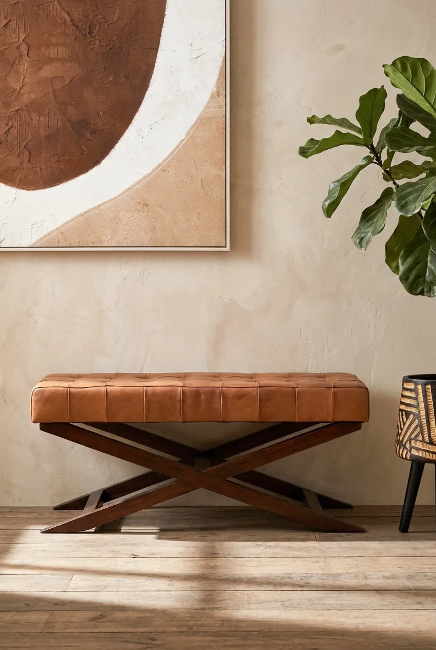 Kalahari Brown Leather & Cedar Wood Bench