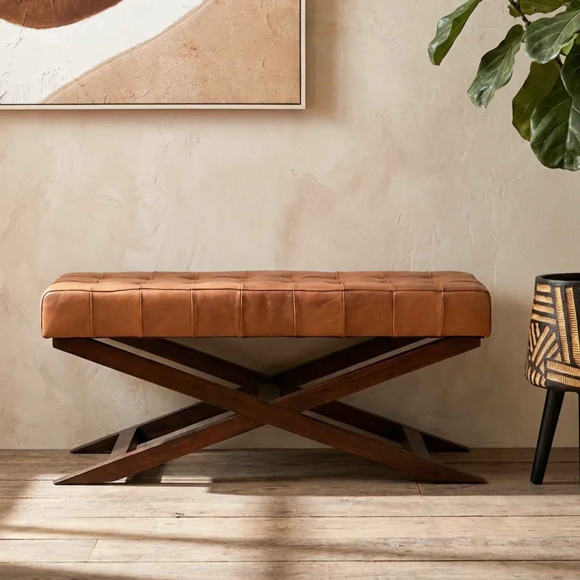 Kalahari Brown Leather & Cedar Wood Bench