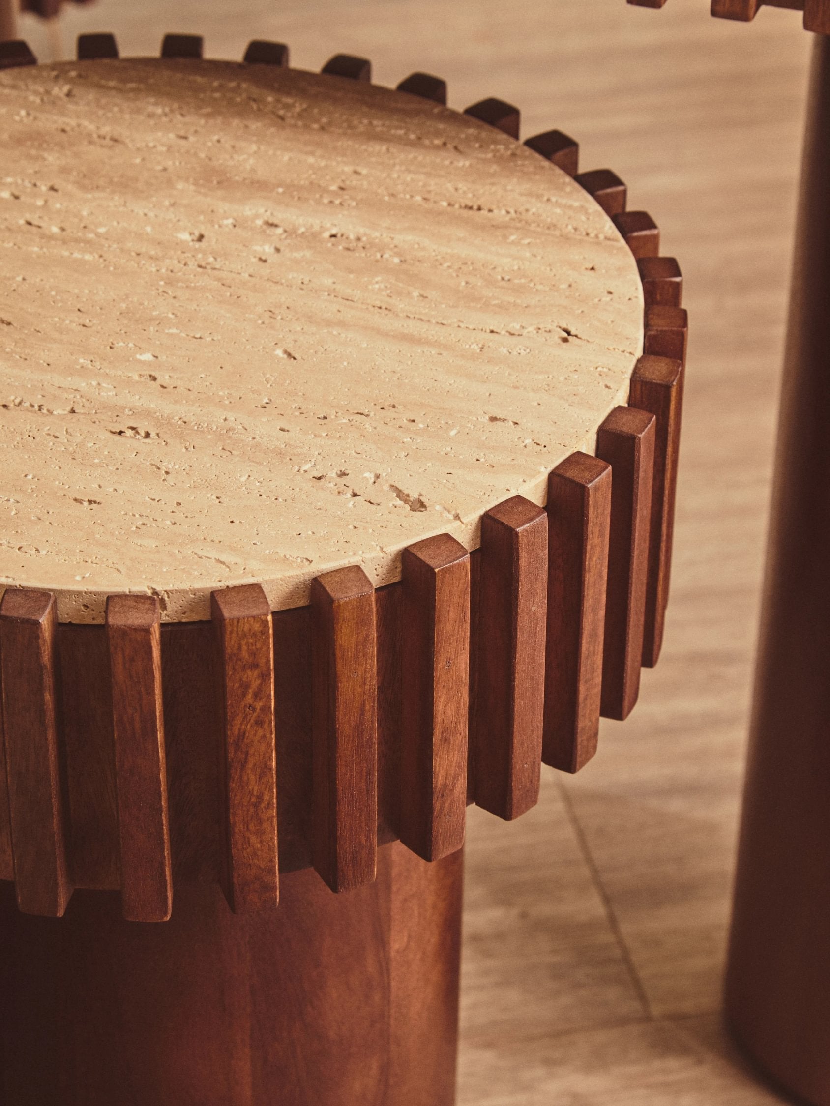 Colonnade Round Travertine & Mango Wood Side Table