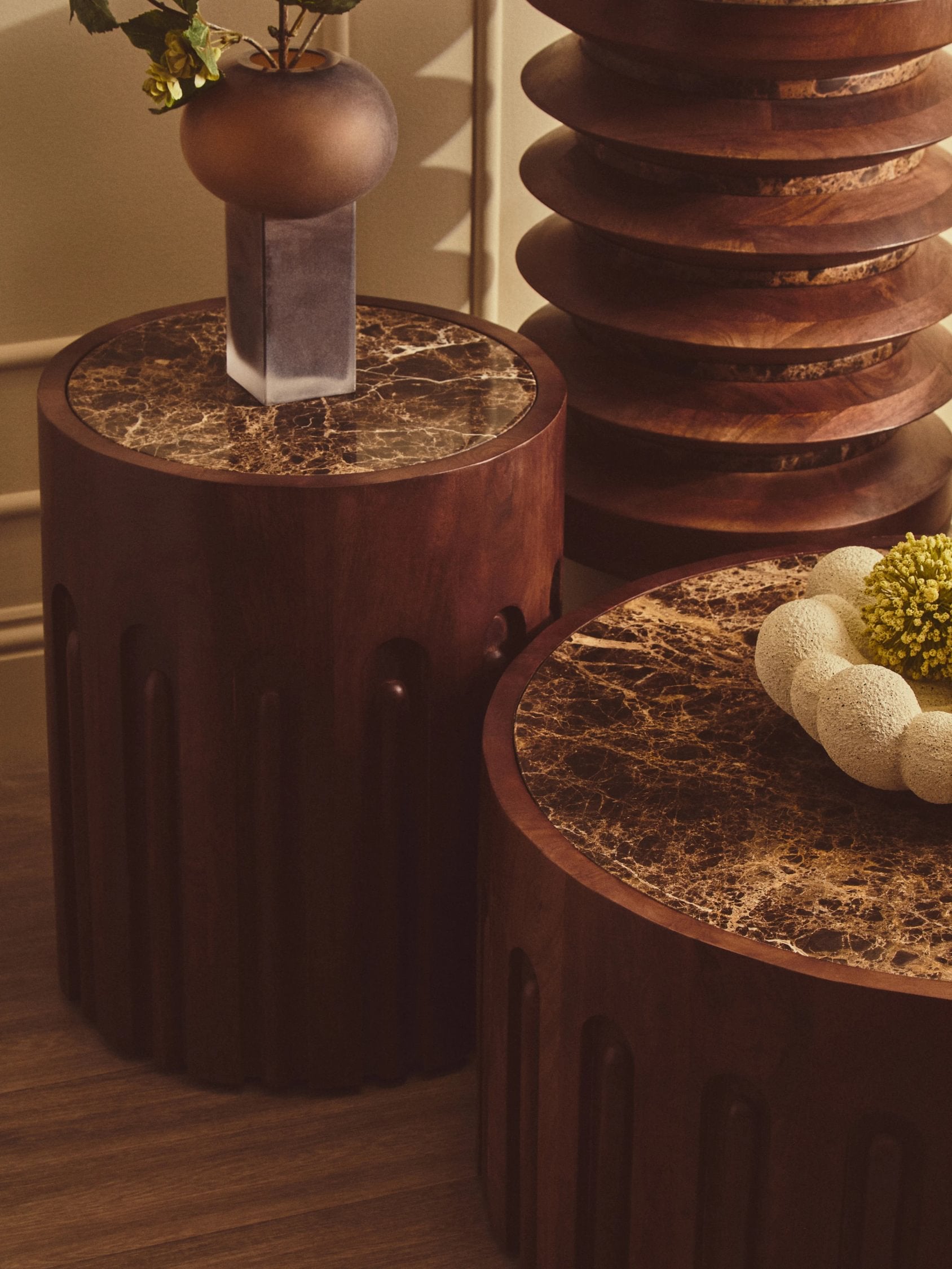 Ember Dark Emperador Marble & Dark Mango Wood Round Side Table