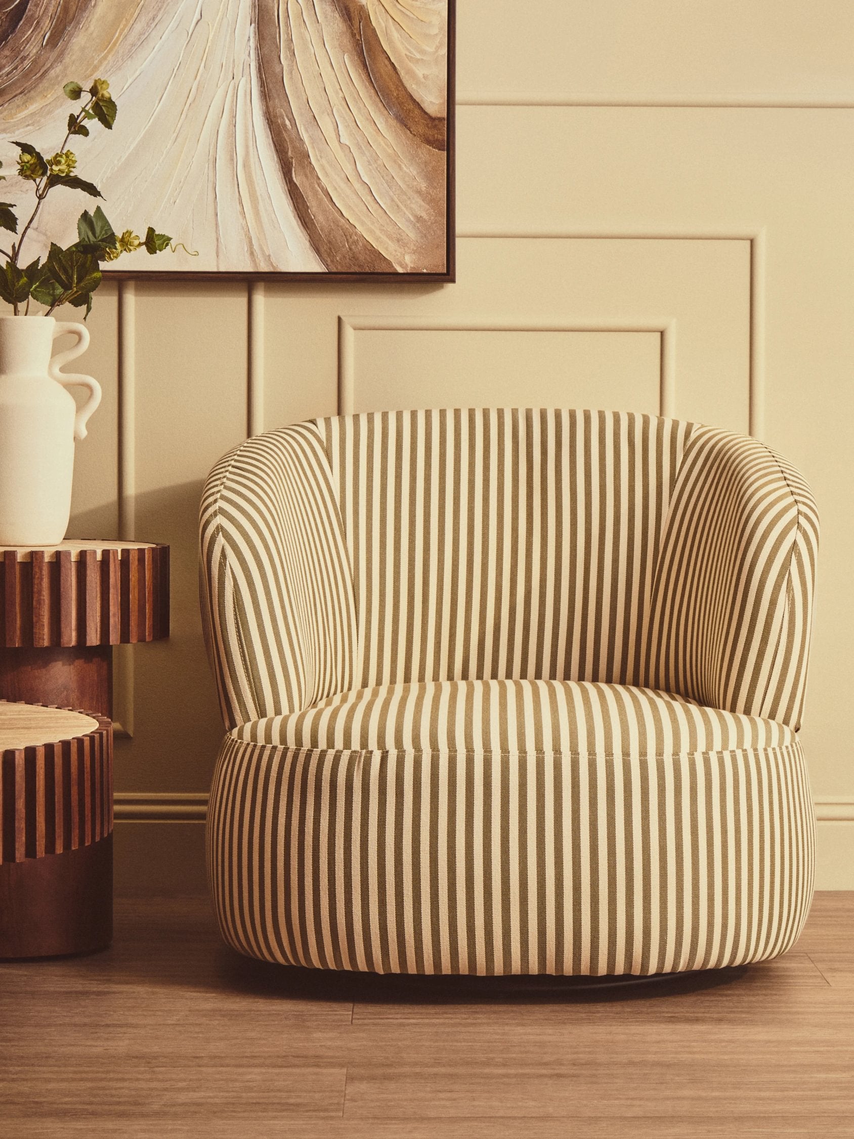 Olney Olive Green & White Striped Swivel Lounge Chair