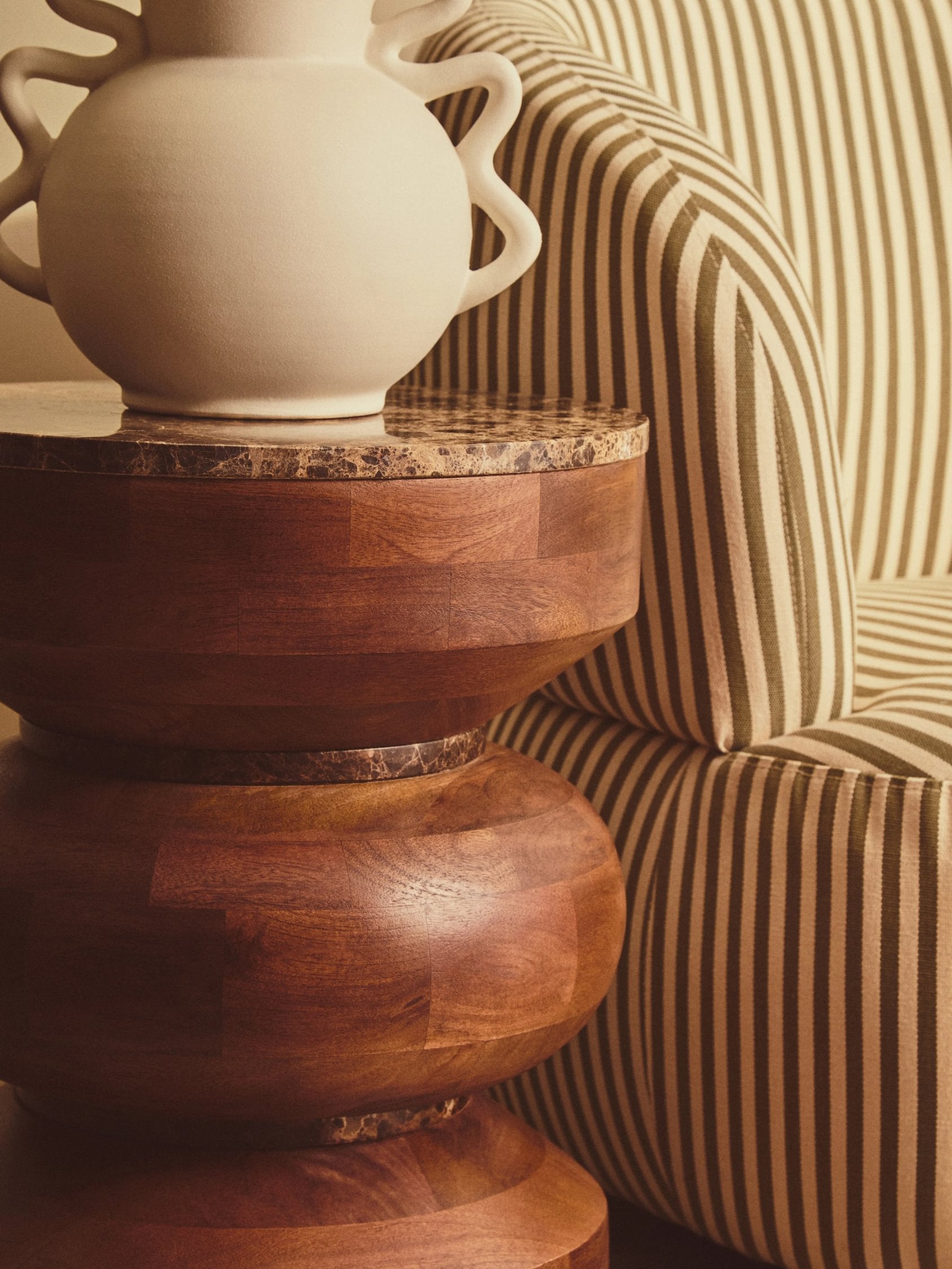 Ember Dark Emperador Marble & Mango Wood Tiered Round Side Table