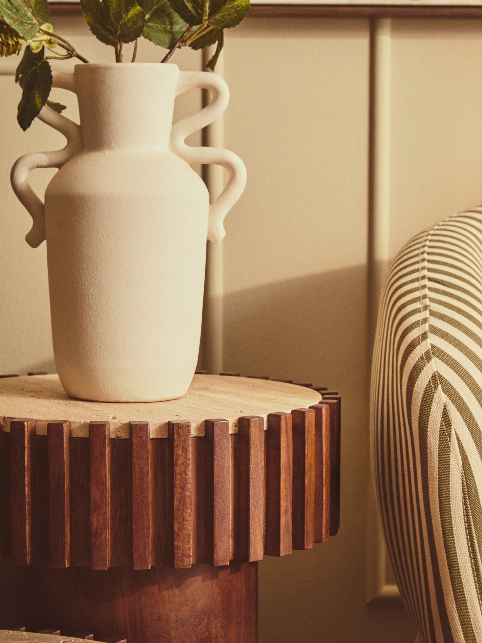 Colonnade Round Travertine & Mango Wood Side Table