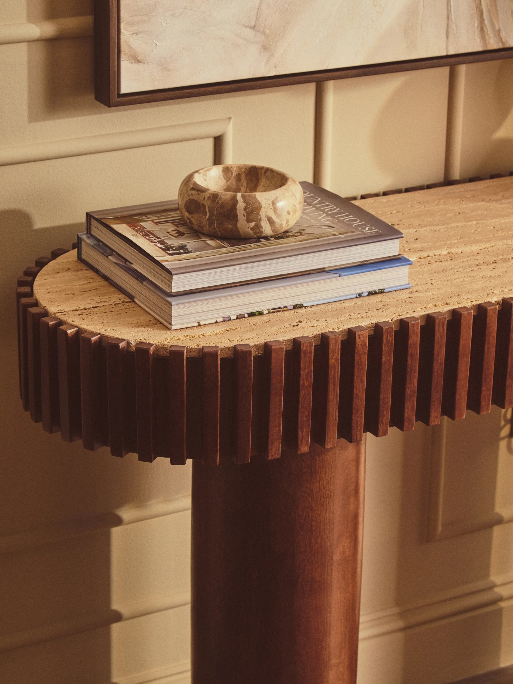 Colonnade Travertine & Mango Wood Curved Console Table