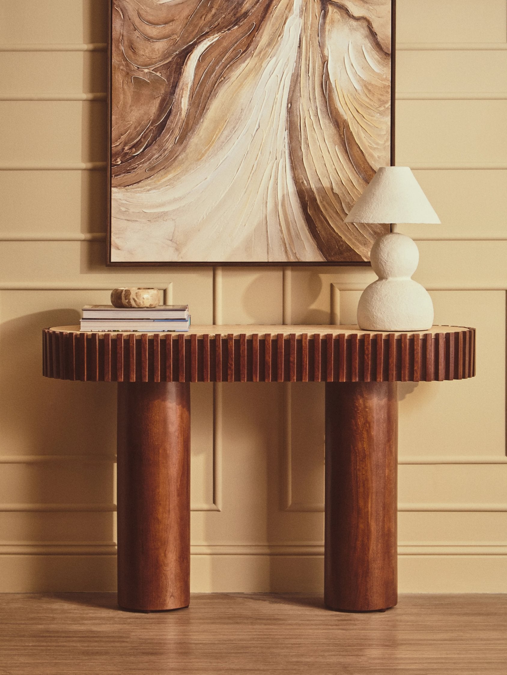 Colonnade Travertine & Mango Wood Curved Console Table
