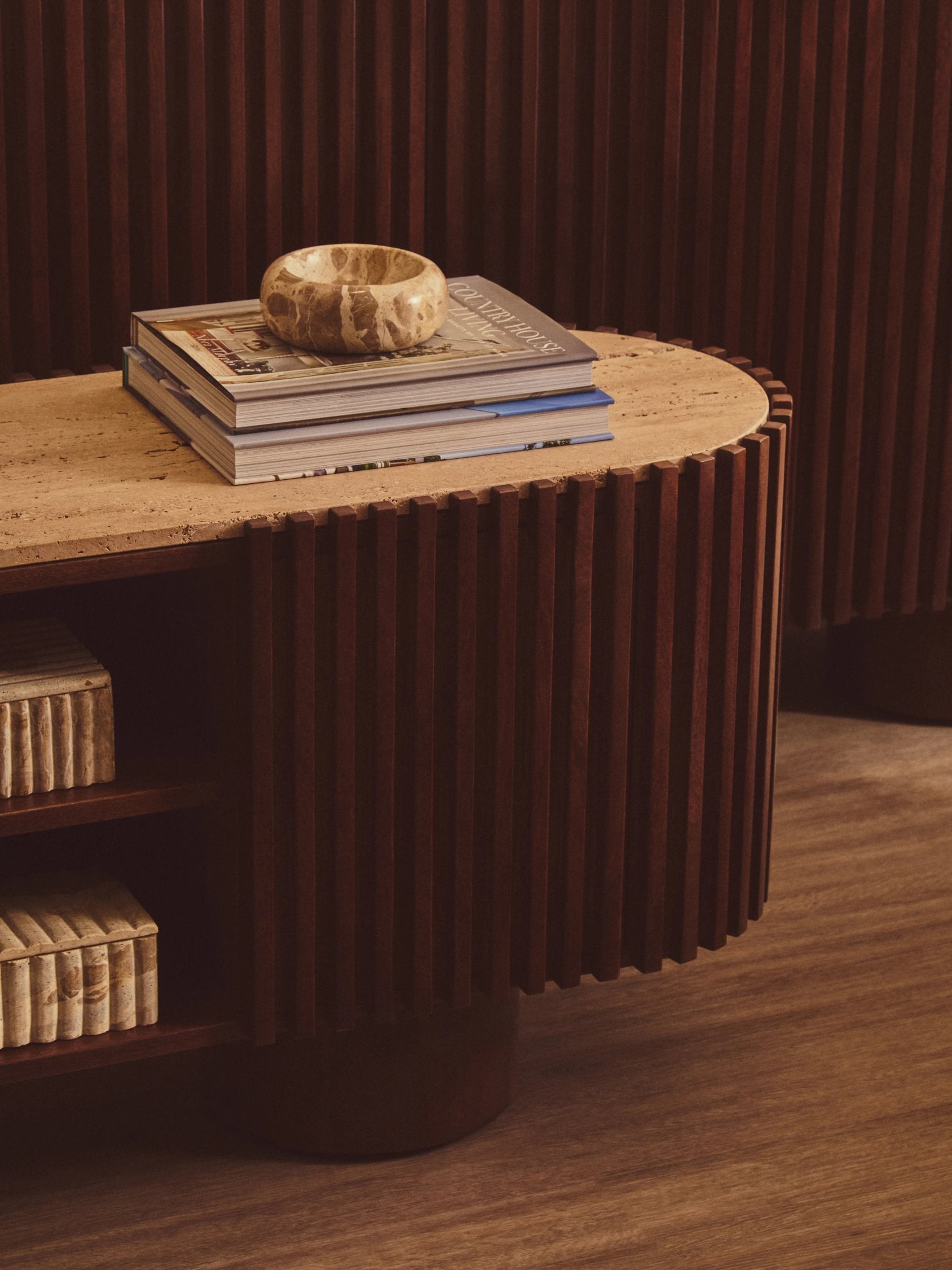 Colonnade Travertine & Mango Wood Curved TV Unit