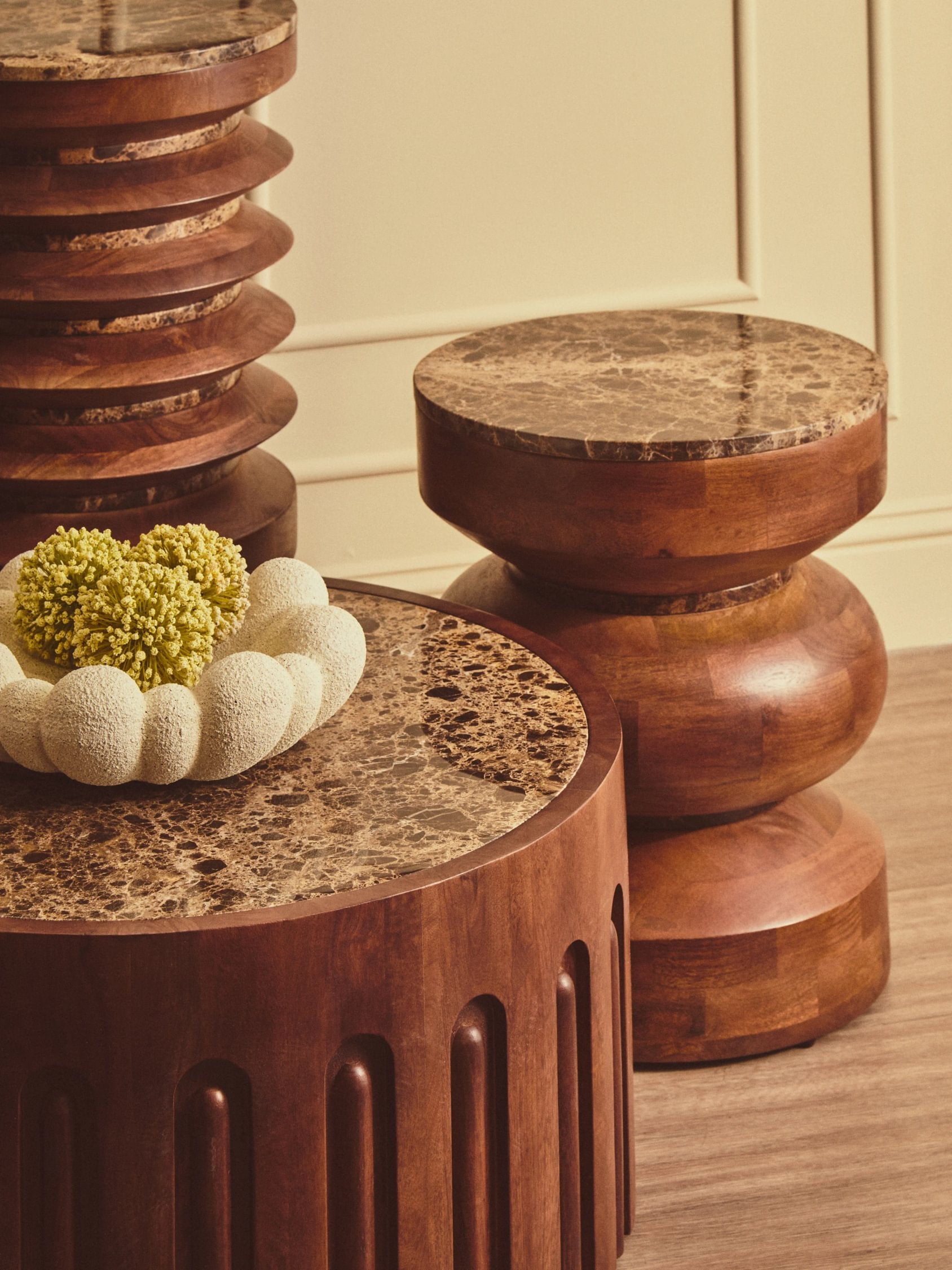 Ember Dark Emperador Marble & Dark Mango Wood Round Coffee Table