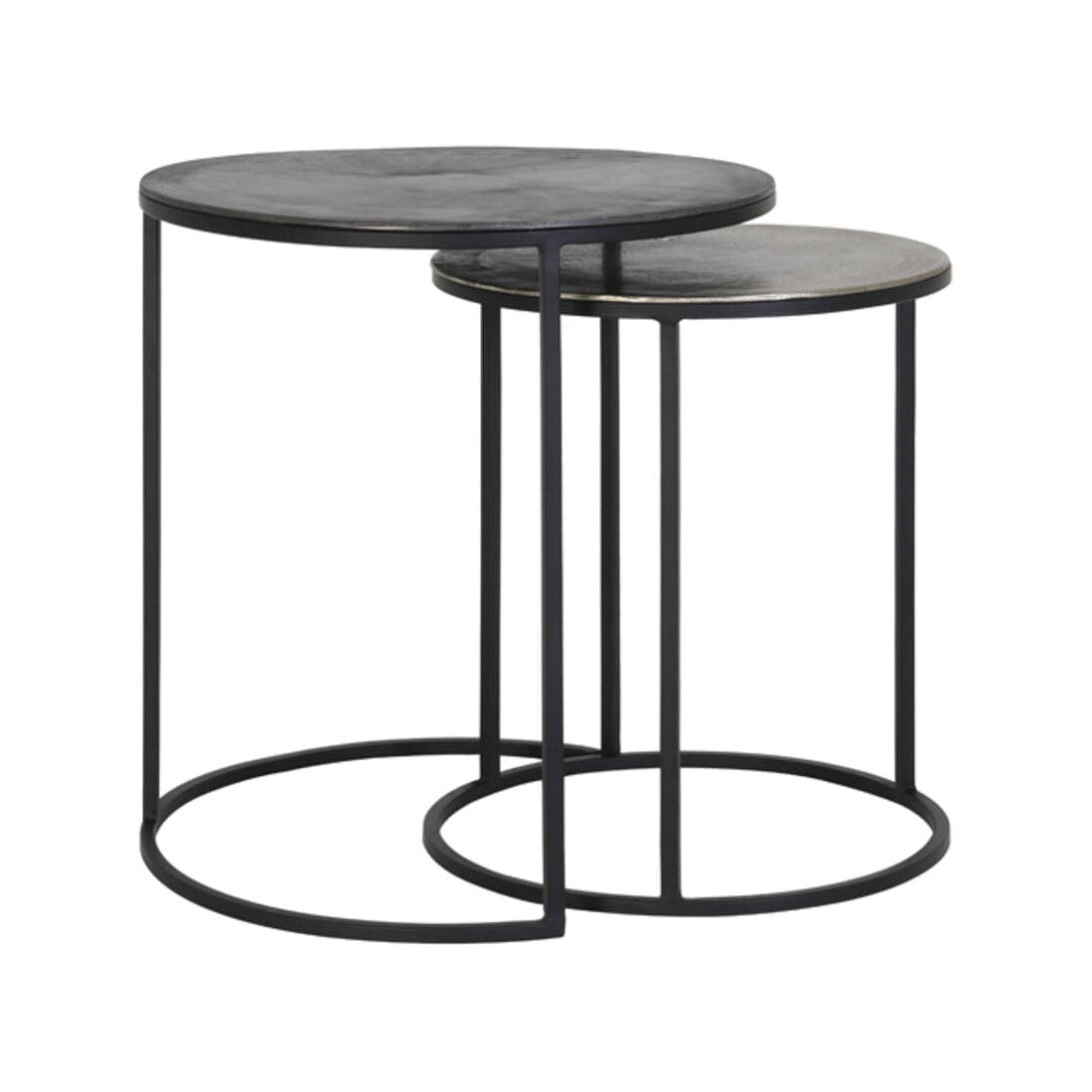 Talca Set of 2 Raw Lead & Antique Lead Metal Round Side Tables Nest