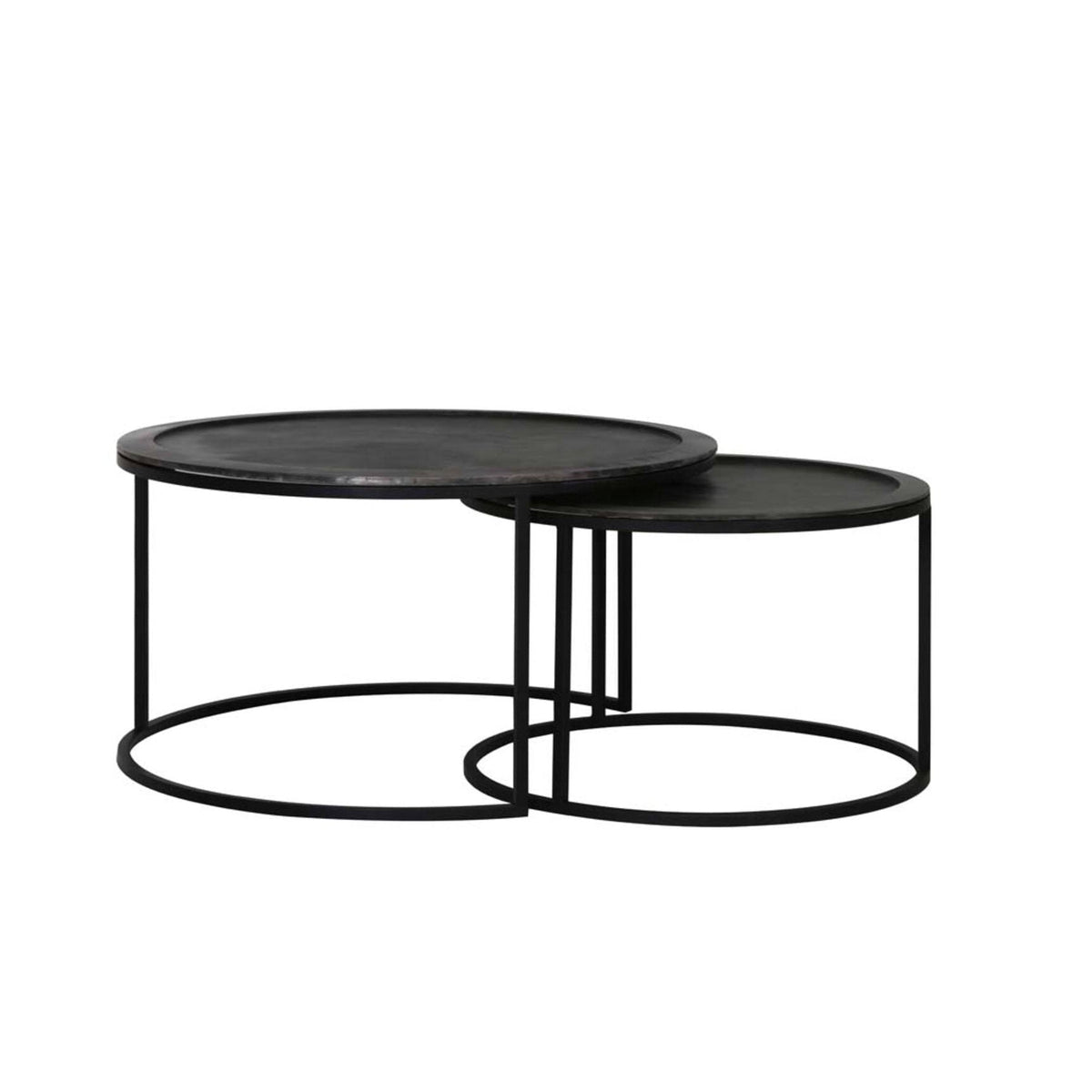 Talca Set of 2 Lead Antique Deep Edge Metal Round Coffee Tables Nest