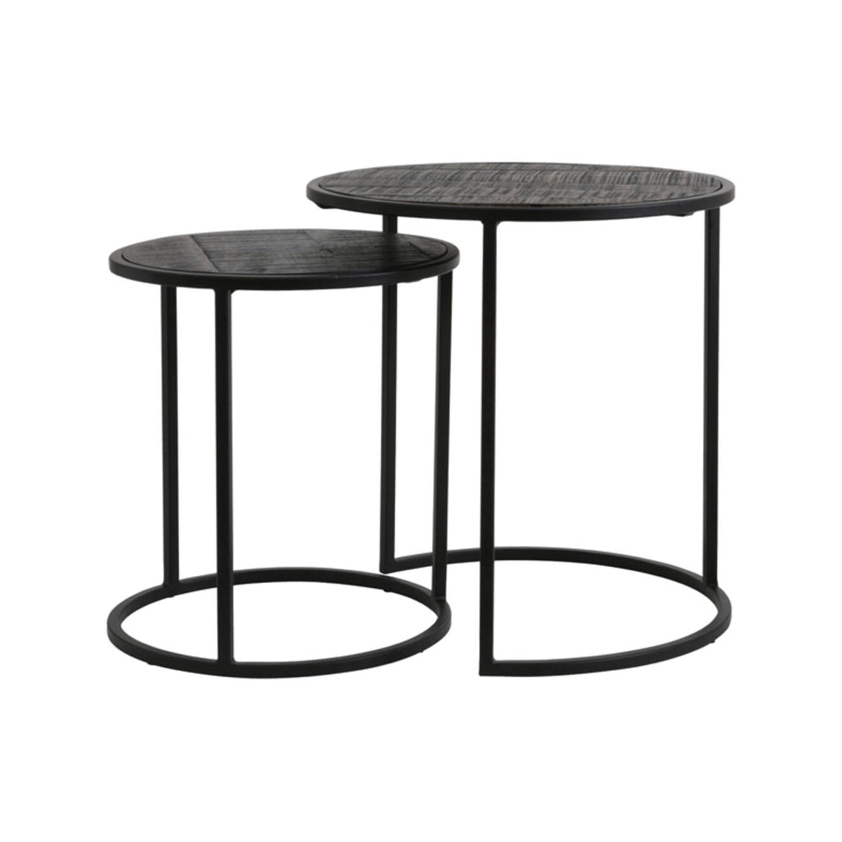 Doba Set of 2 Antique Matt Black Wood Round Side Tables Nest