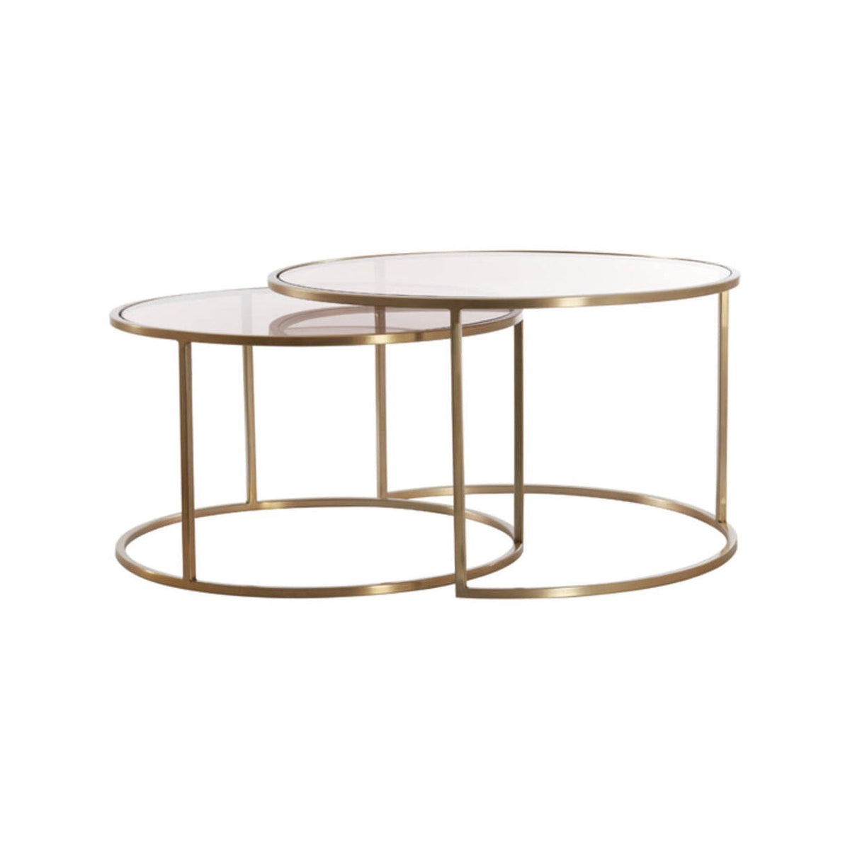 Duarte Set of 2 Brown Glass & Light Gold Round Coffee Tables Nest