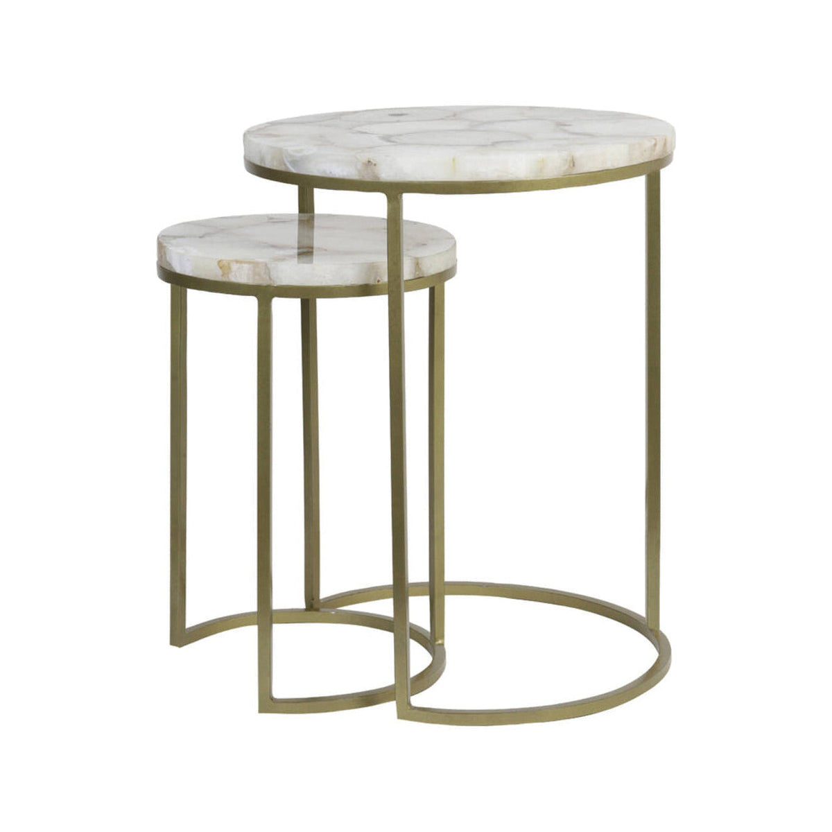 Axat Set of 2 White Agate & Antique Bronze Round Side Tables Nest