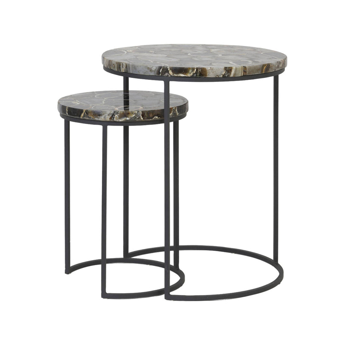 Axat Set of 2 Brown Agate & Black Round Side Tables Nest