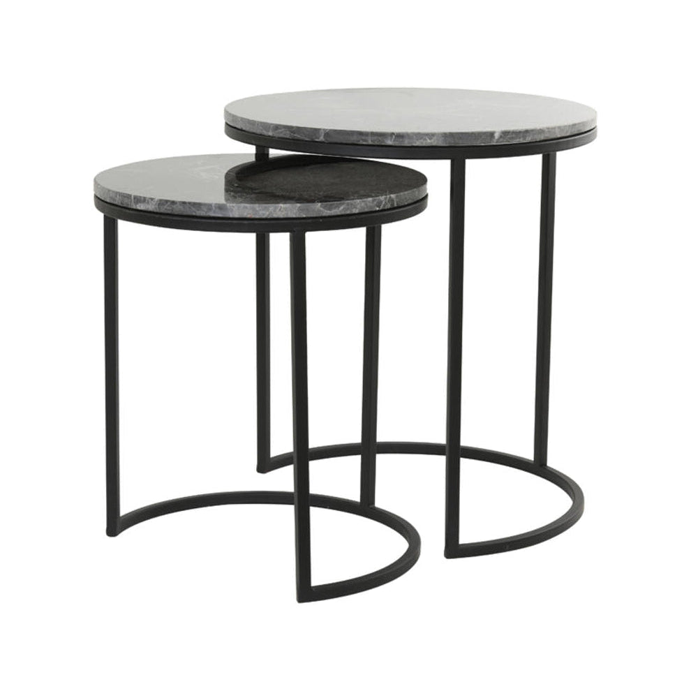 Alfio Set of 2 Dark Brown Marble & Black Round Side Tables Nest
