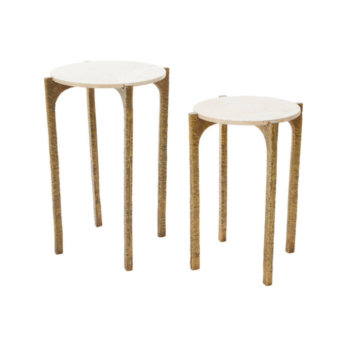 Kanae Set of 2 Sand Travertine & Antique Bronze Round Side Tables