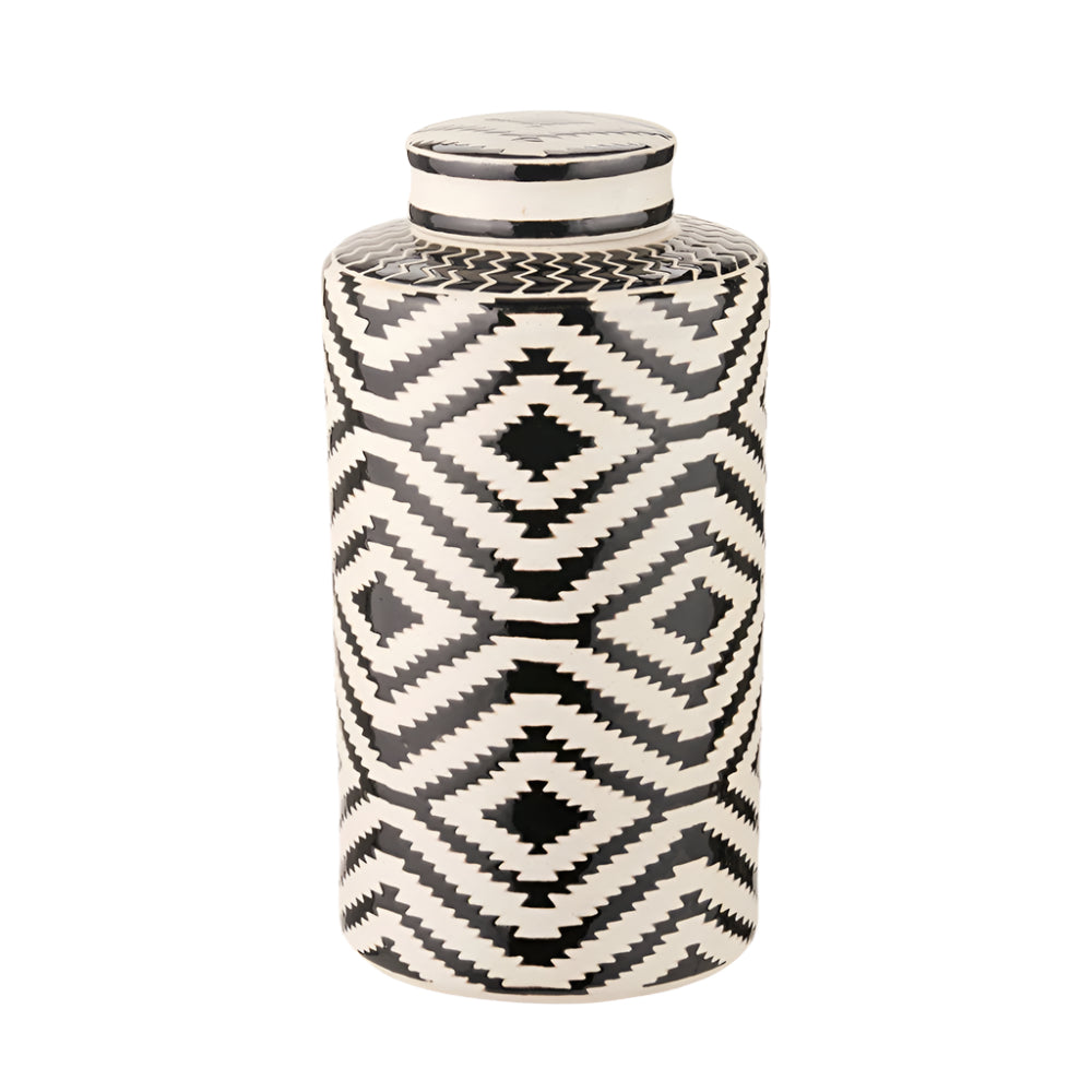 Chirala Black & White Ceramic Aztec Design Lidded Ginger Jar