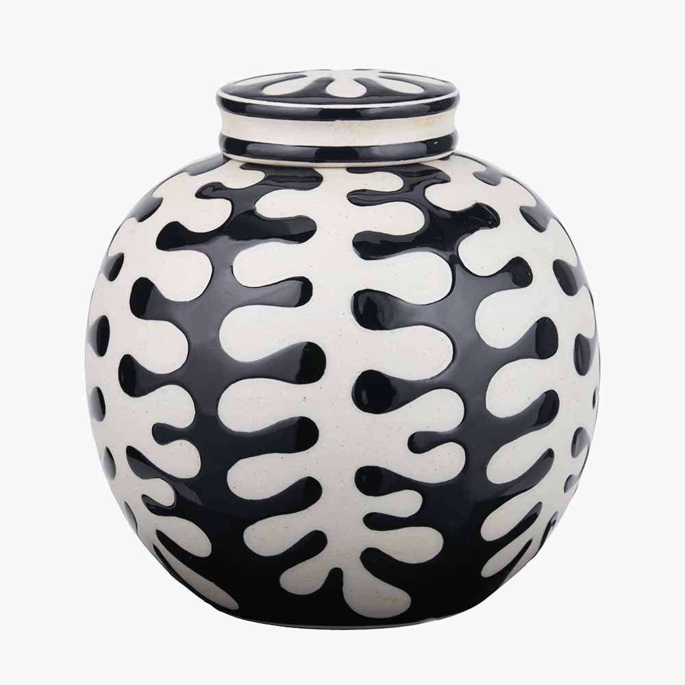 Elkorn Black & White Ceramic Coral Design Lidded Ginger Jar