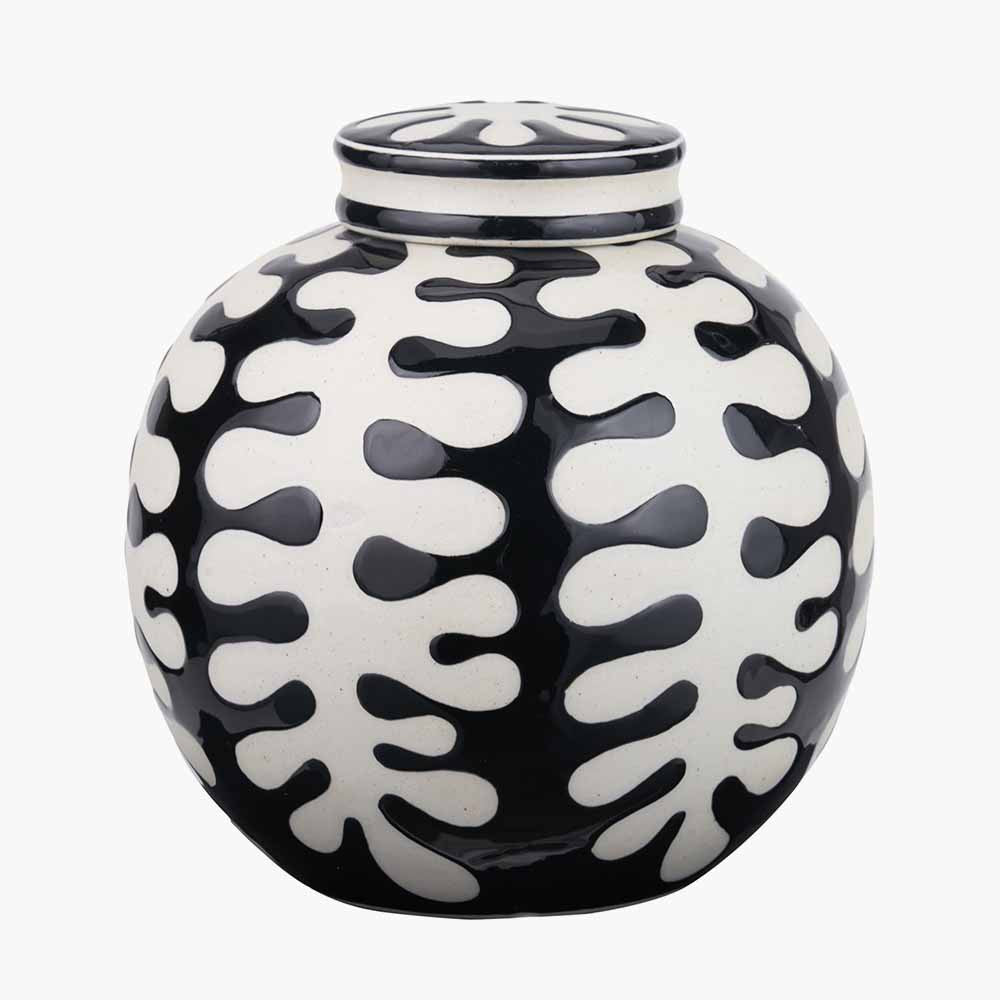 Elkorn Black & White Ceramic Coral Design Lidded Ginger Jar
