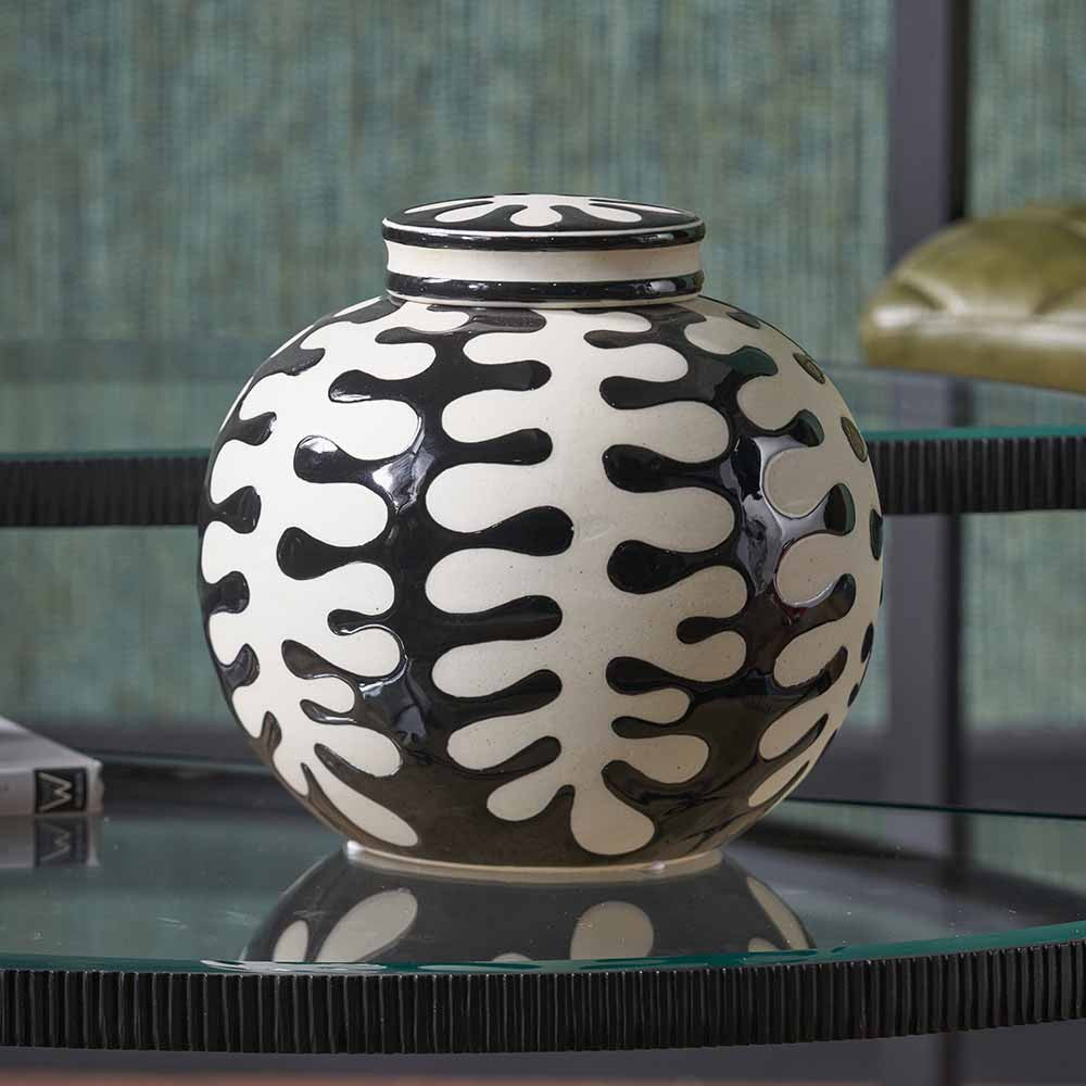 Elkorn Black & White Ceramic Coral Design Lidded Ginger Jar