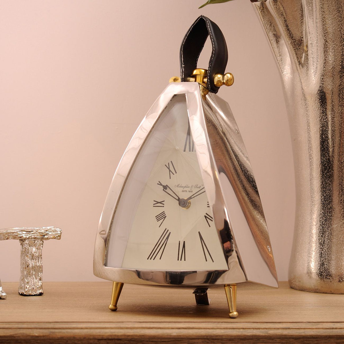 Isosceles Curved Front Chrome & Gold Mantel Clock with Leather Handle