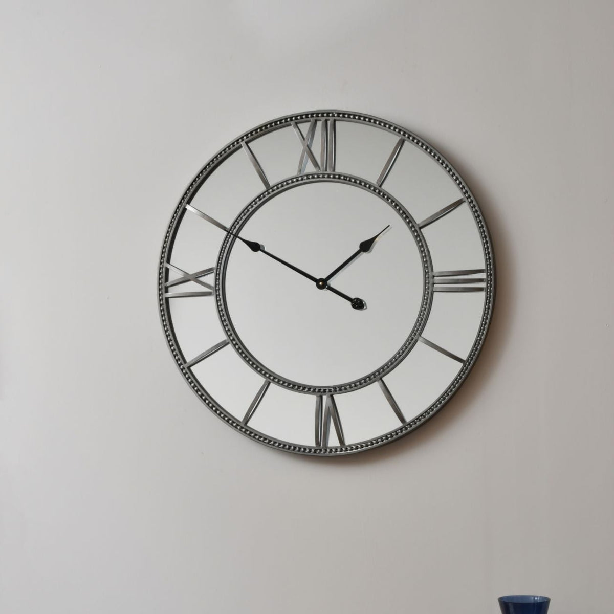 Grey Framed Beaded Mirrored Round Wall Clock