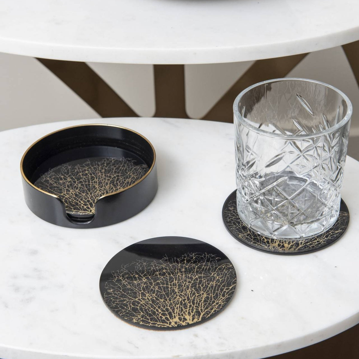 Set of 4 Coral Design Black & Gold Coasters