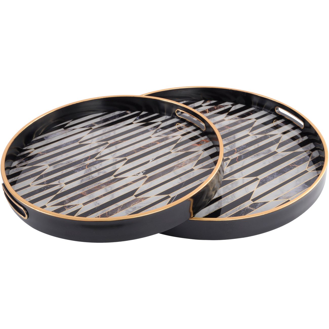 Set of 2 Black & Antique Gold Geometric Pattern Trays - CLEARANCE