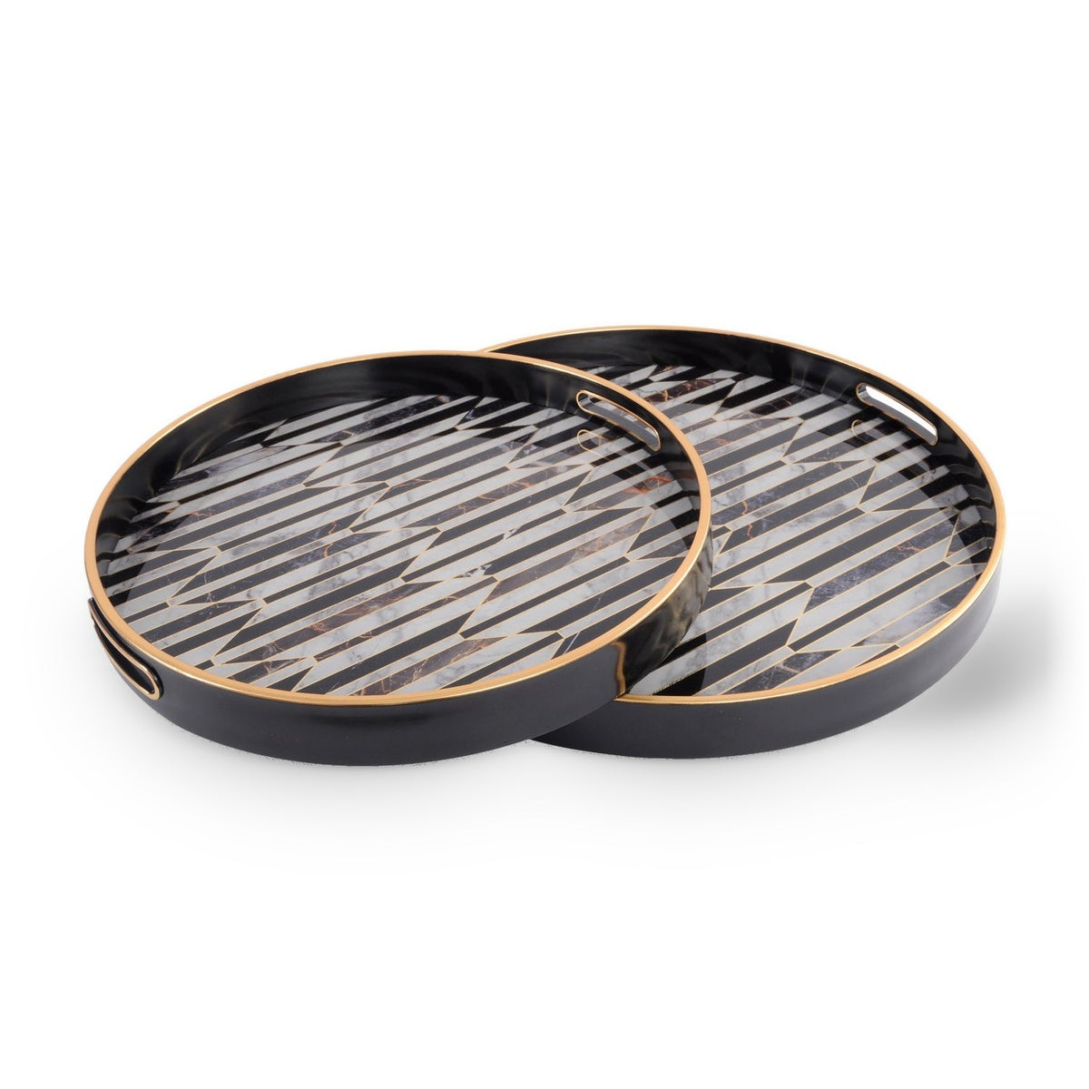 Set of 2 Black & Antique Gold Geometric Pattern Trays