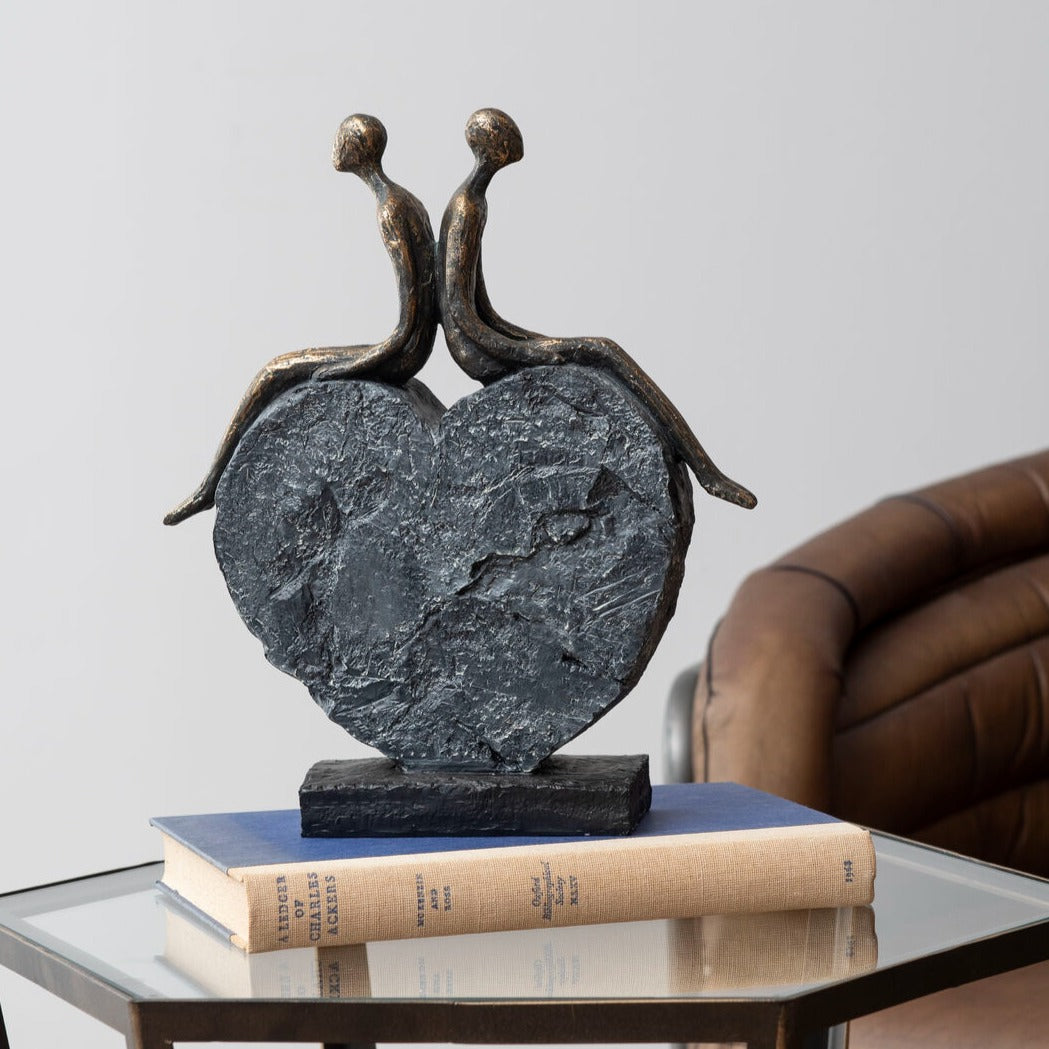 Antique Bronze & Stone Couple Love Heart Sculpture