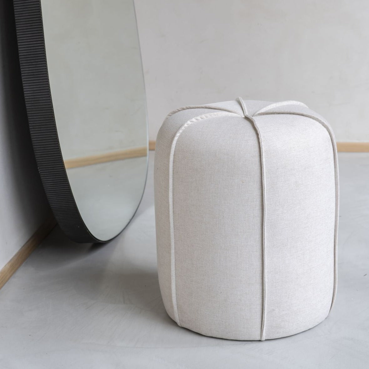 Seamed Button Stool in Oatmeal Fabric