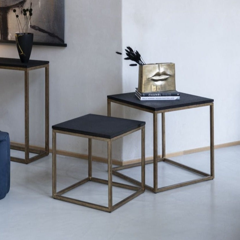 Set of 2 Kirkstone Aged Champagne Gold & Galaxy Slate Side Tables Nest