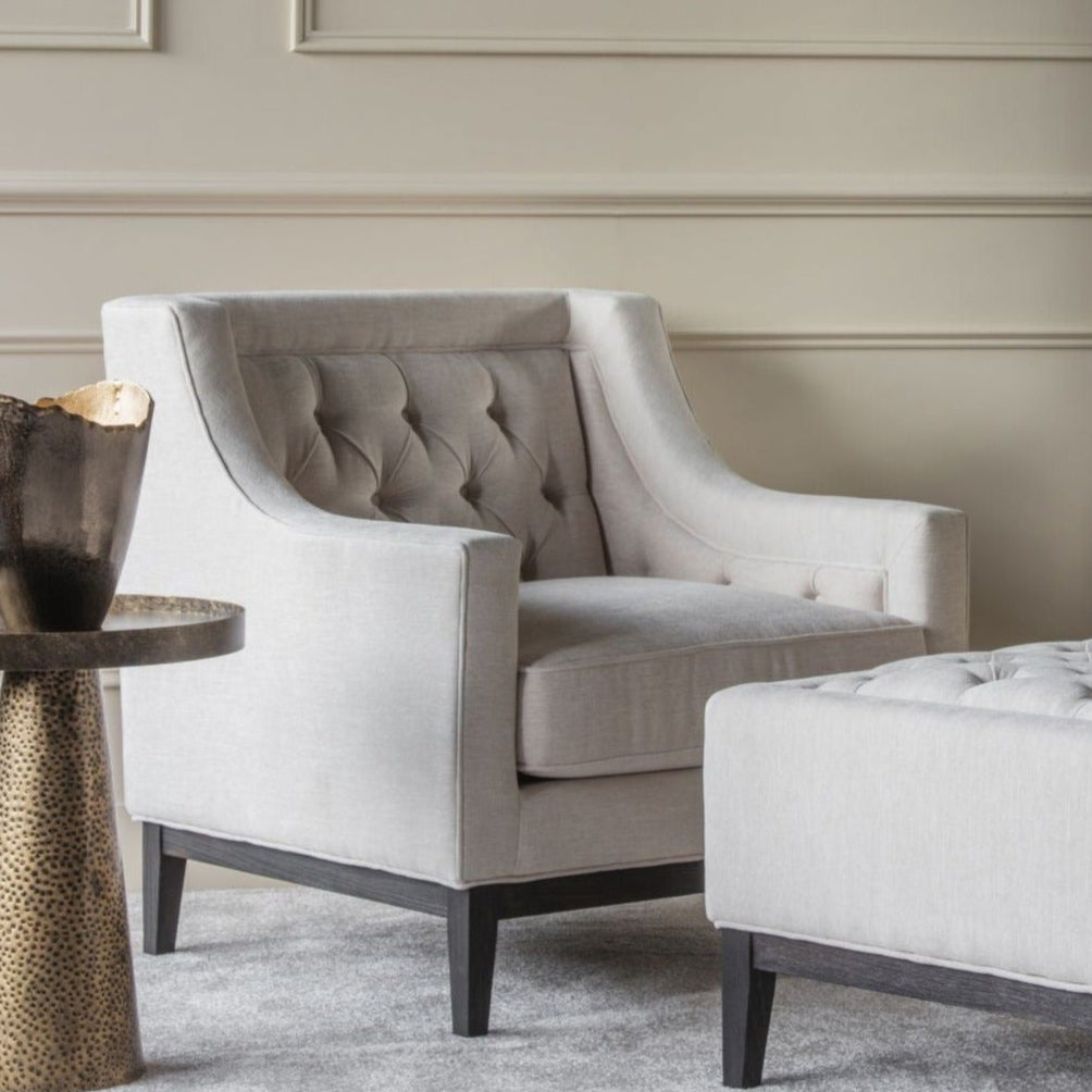 Theodore Buttoned Armchair in Ivory Fabric