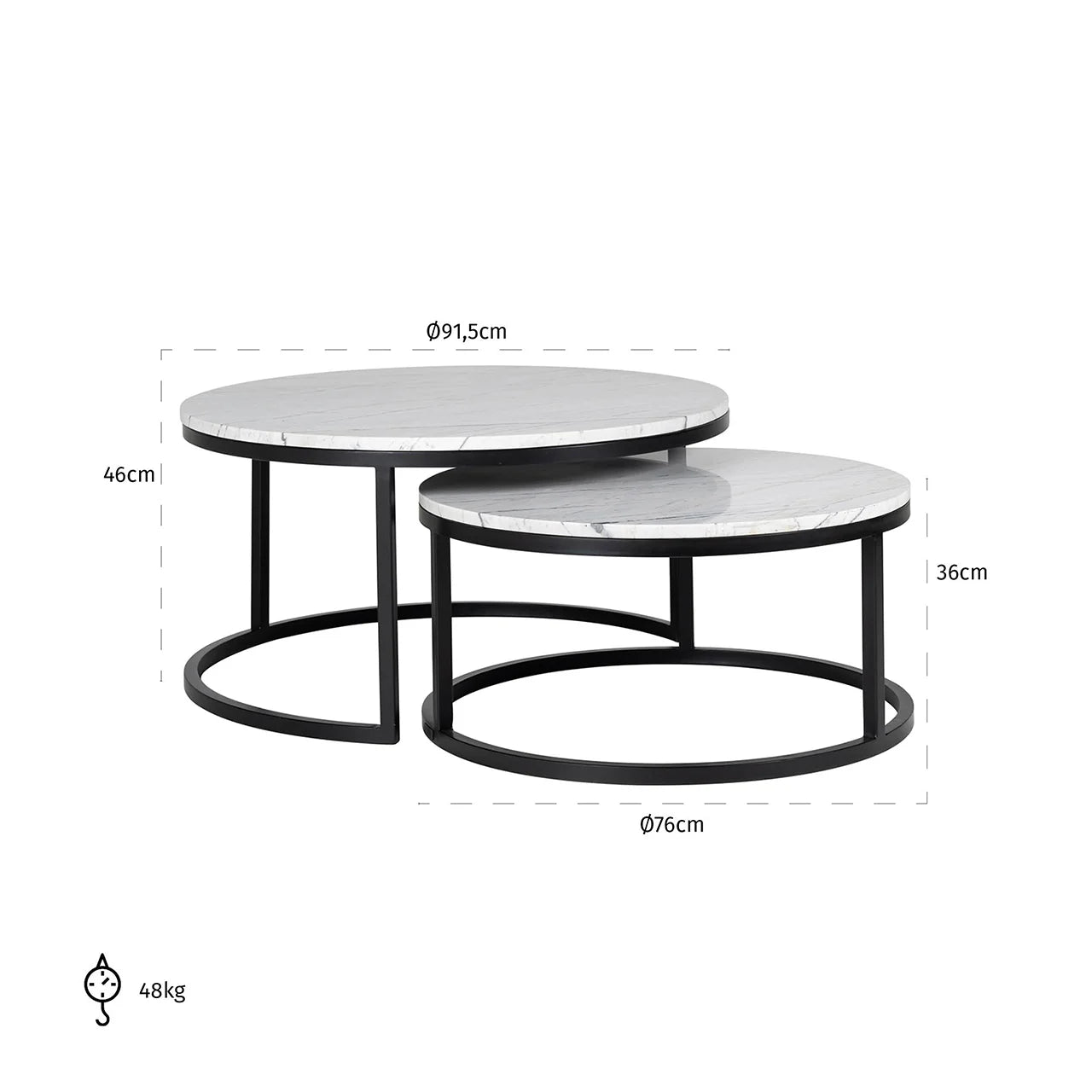 Set of 2 Richmond Interiors Lexington White Carrara Marble Round Coffee Table Nest