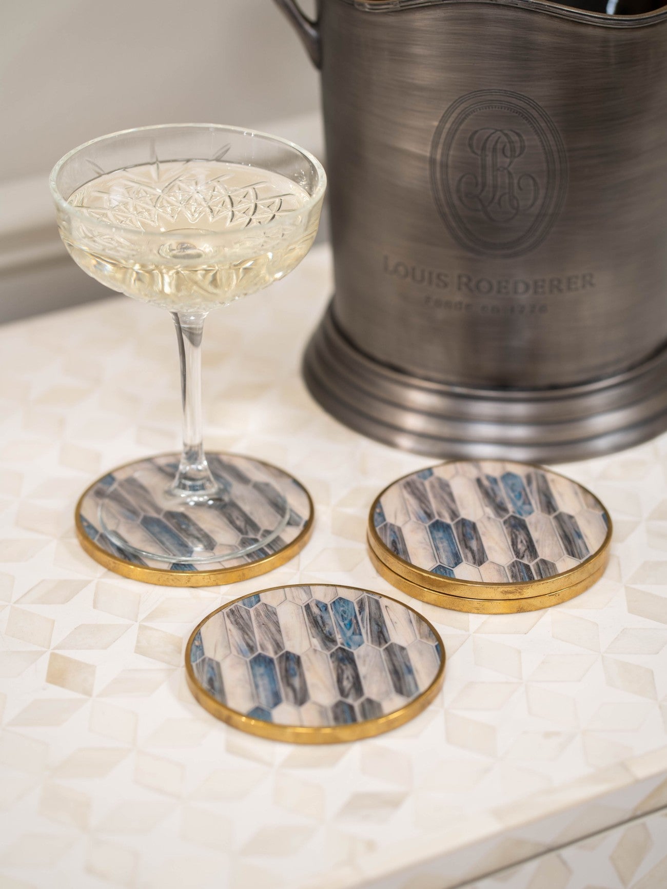 Set of 4 Blue Grey & Blue Mosaic Style Coasters lifestyle
