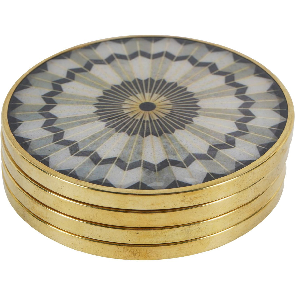 Set of 4 Black Circular Design Grey & Gold Coasters